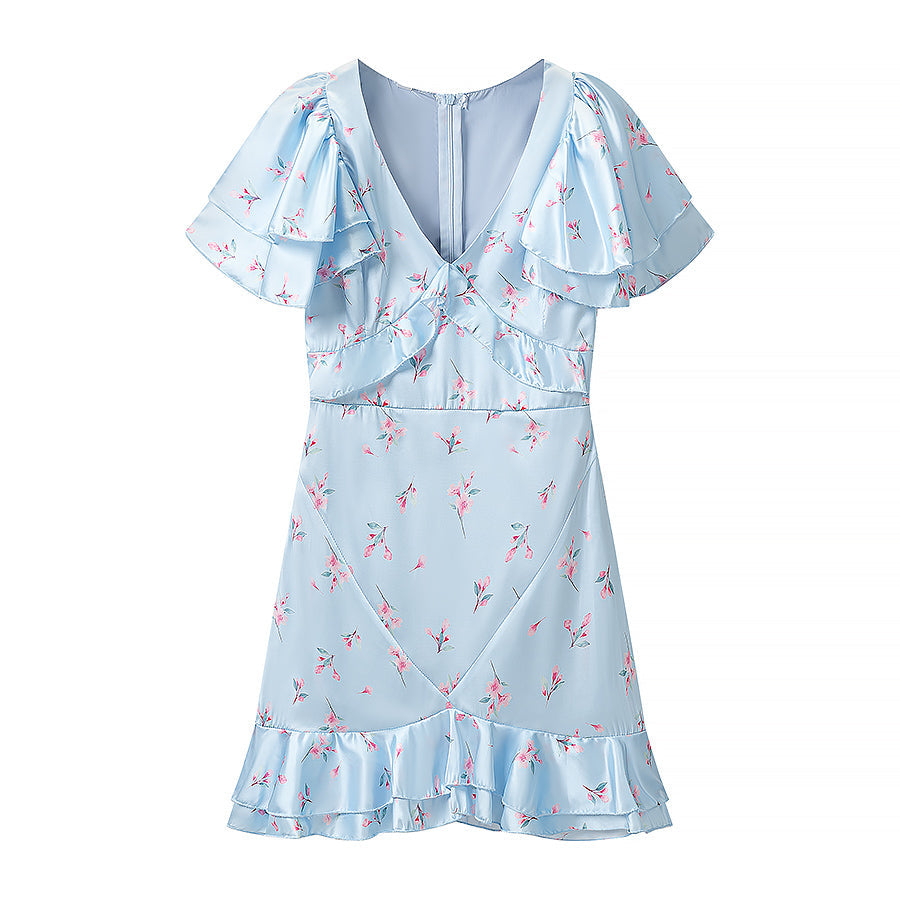 Summer Women Clothing Floral Flounce Socialite V neck Satin Short Sleeve Waist Controlled Dress