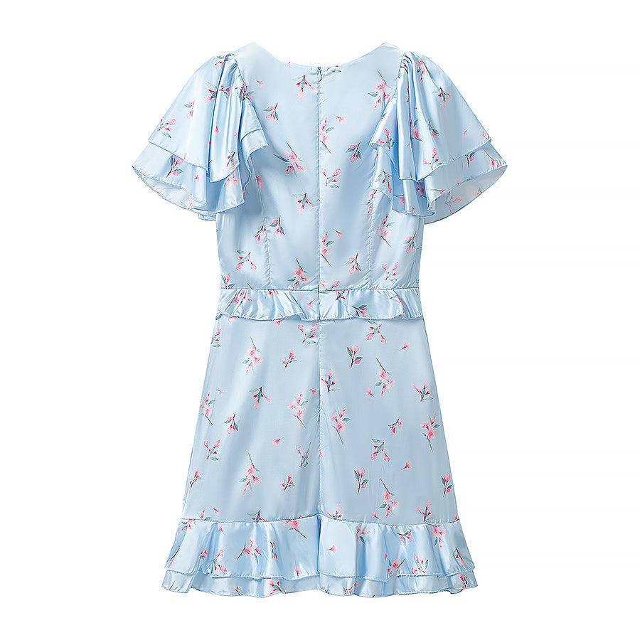 Summer Women Clothing Floral Flounce Socialite V neck Satin Short Sleeve Waist Controlled Dress