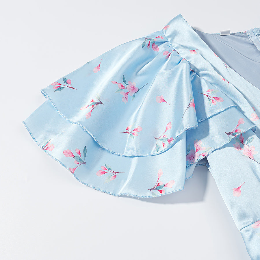 Summer Women Clothing Floral Flounce Socialite V neck Satin Short Sleeve Waist Controlled Dress