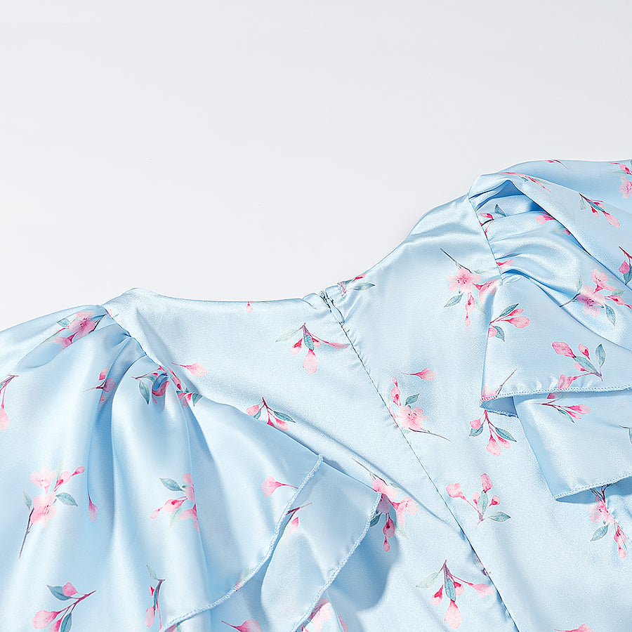 Summer Women Clothing Floral Flounce Socialite V neck Satin Short Sleeve Waist Controlled Dress