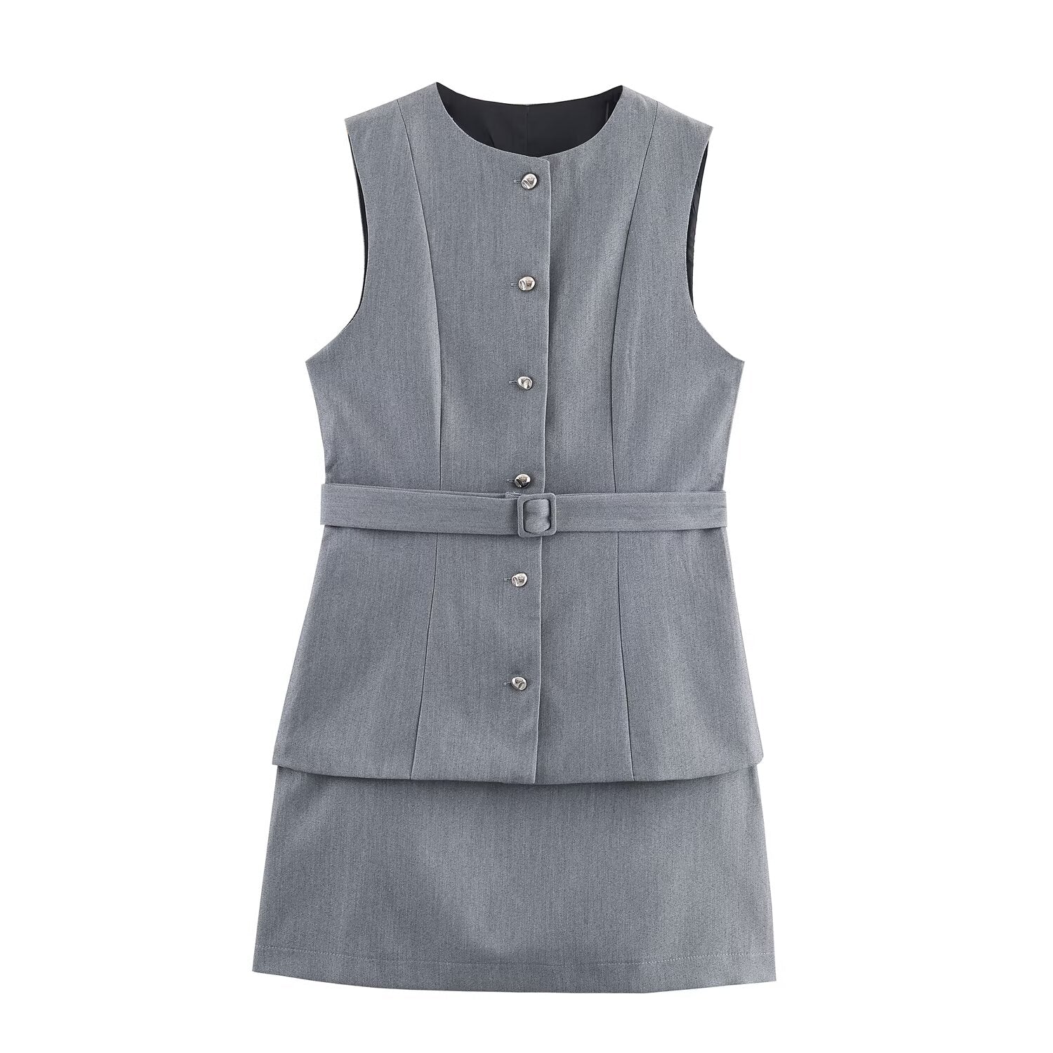 Fall Simple with Belt False Two Piece Set Crepe Dress