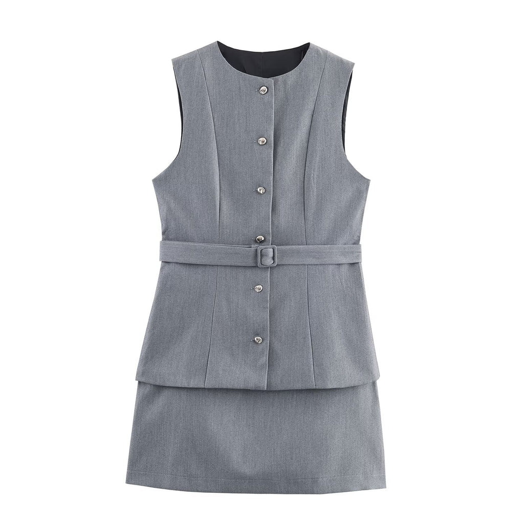 Fall Simple with Belt False Two Piece Set Crepe Dress