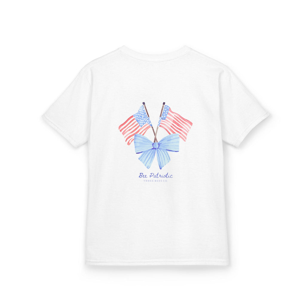 Bee Patriotic American Flag with Bow Girls Short Sleeve Youth Heavy Cotton Gildan Hive Tee