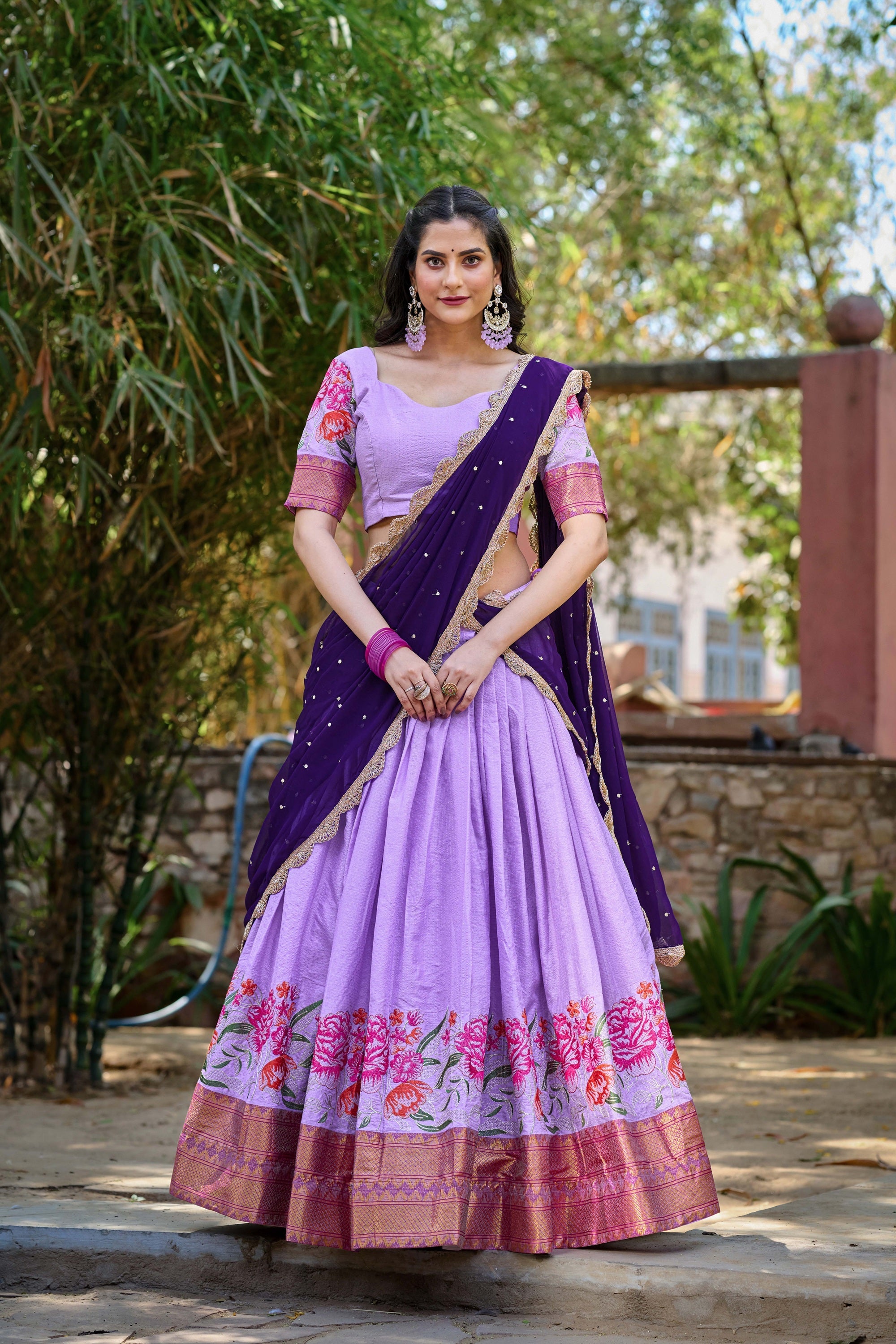Lavender Cotton Silk Lehenga Choli with Thread Embroidery