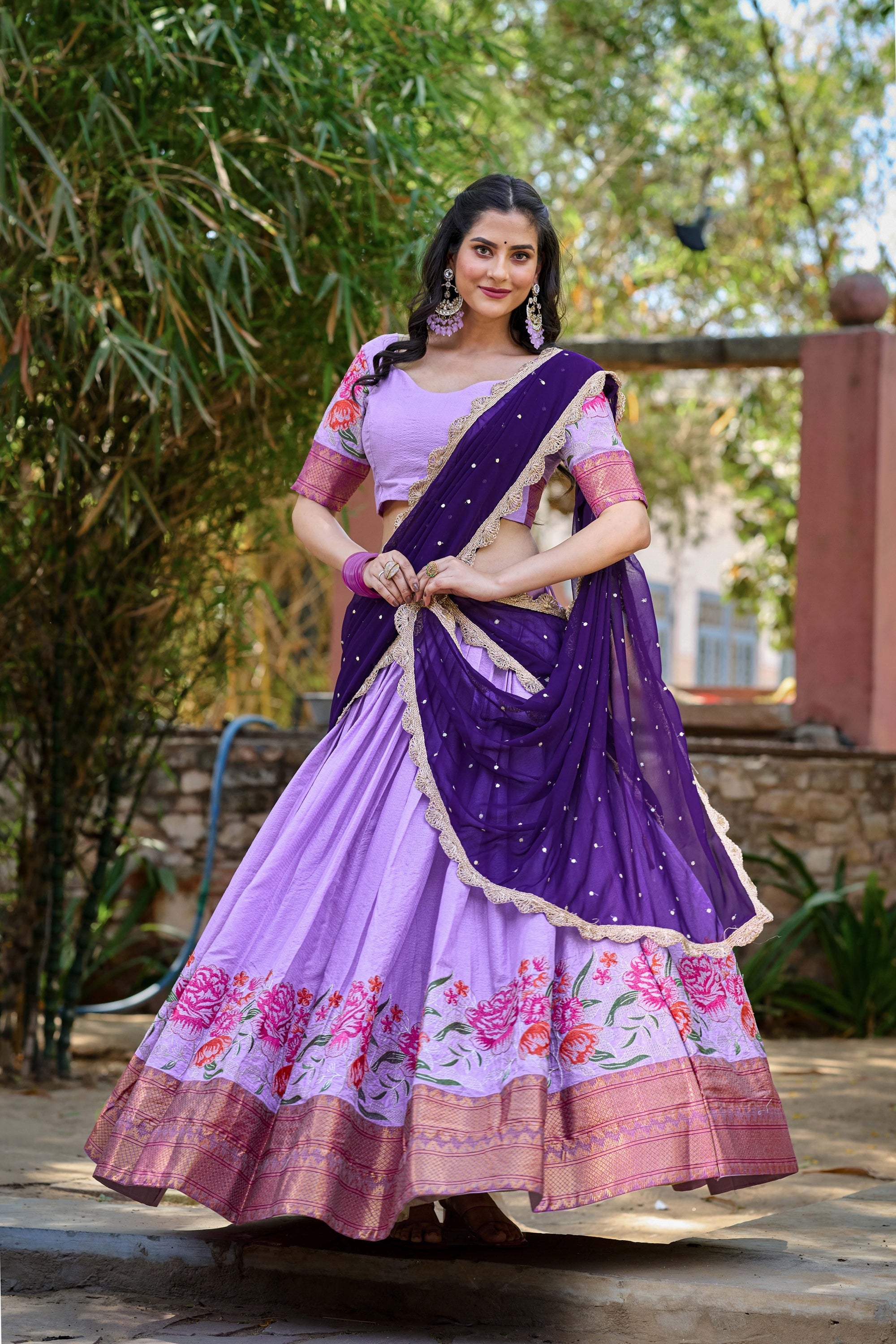 Lavender cotton silk lehenga choli with thread embroidery