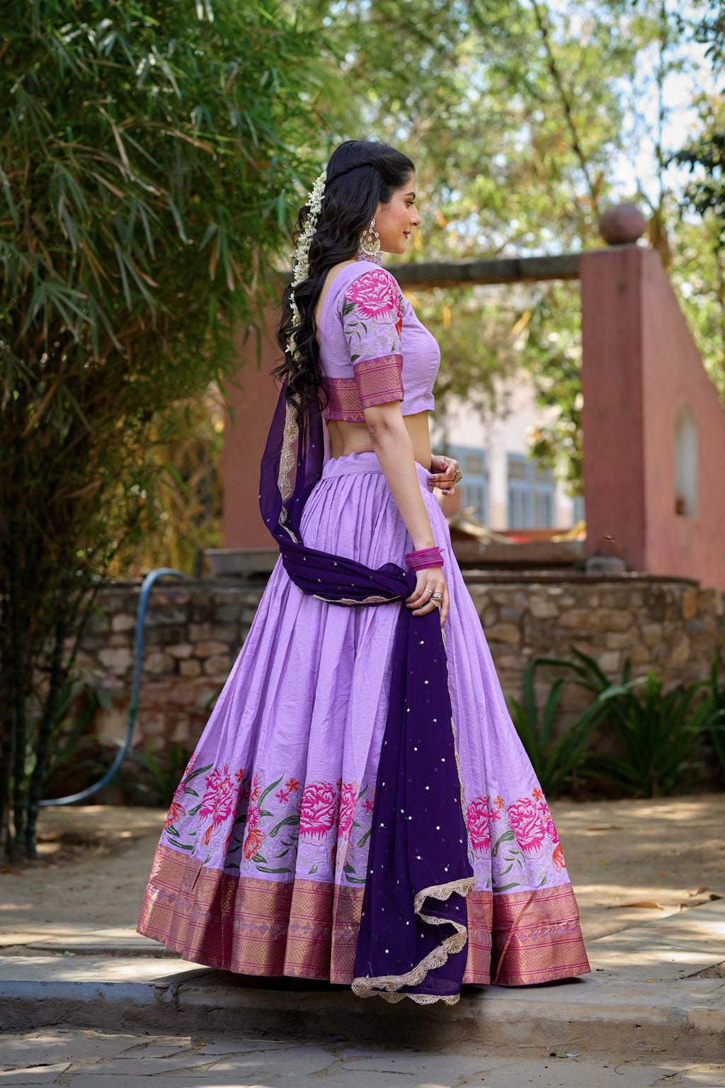Lavender Cotton Silk Lehenga Choli with Thread Embroidery