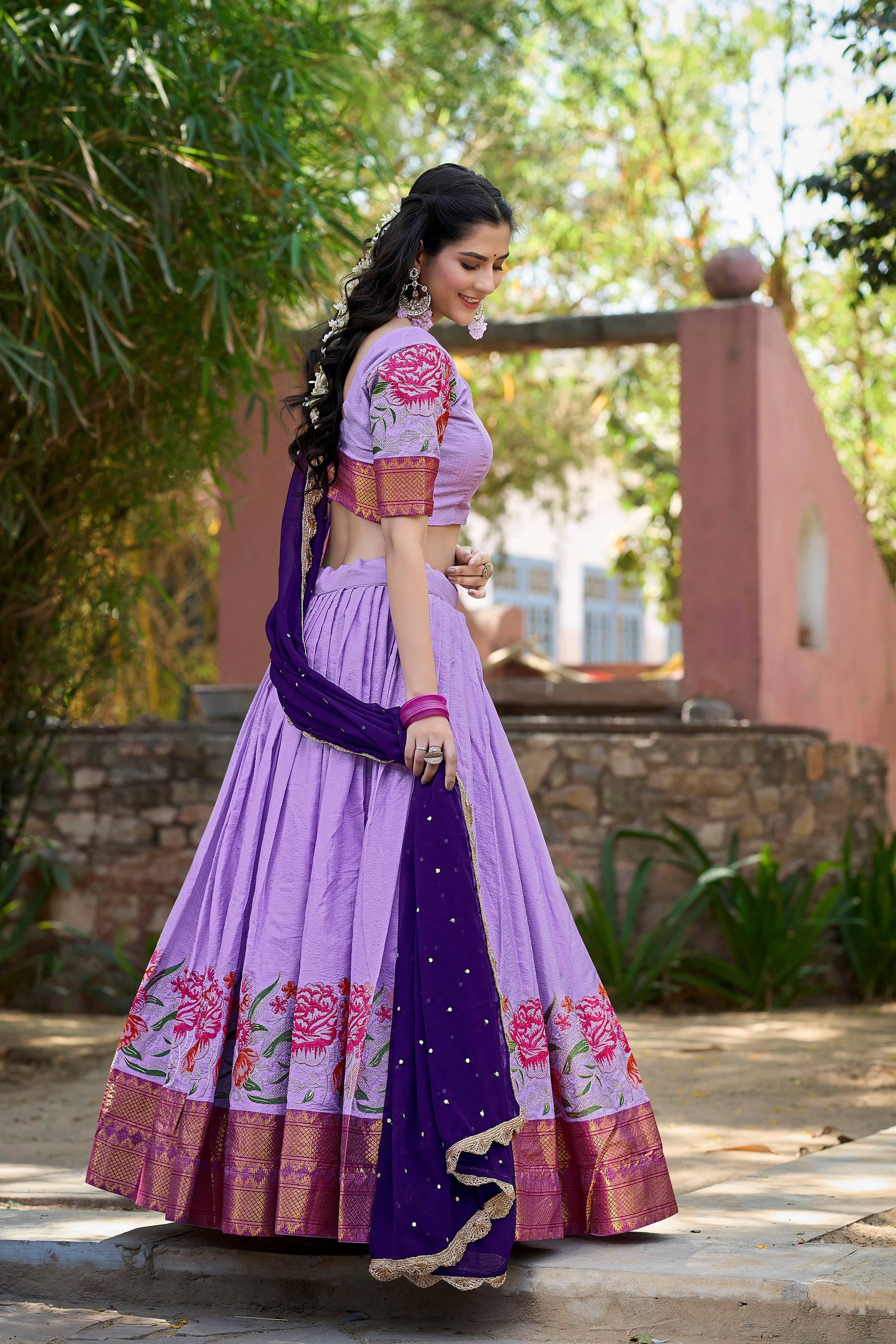 Lavender Cotton Silk Lehenga Choli with Thread Embroidery