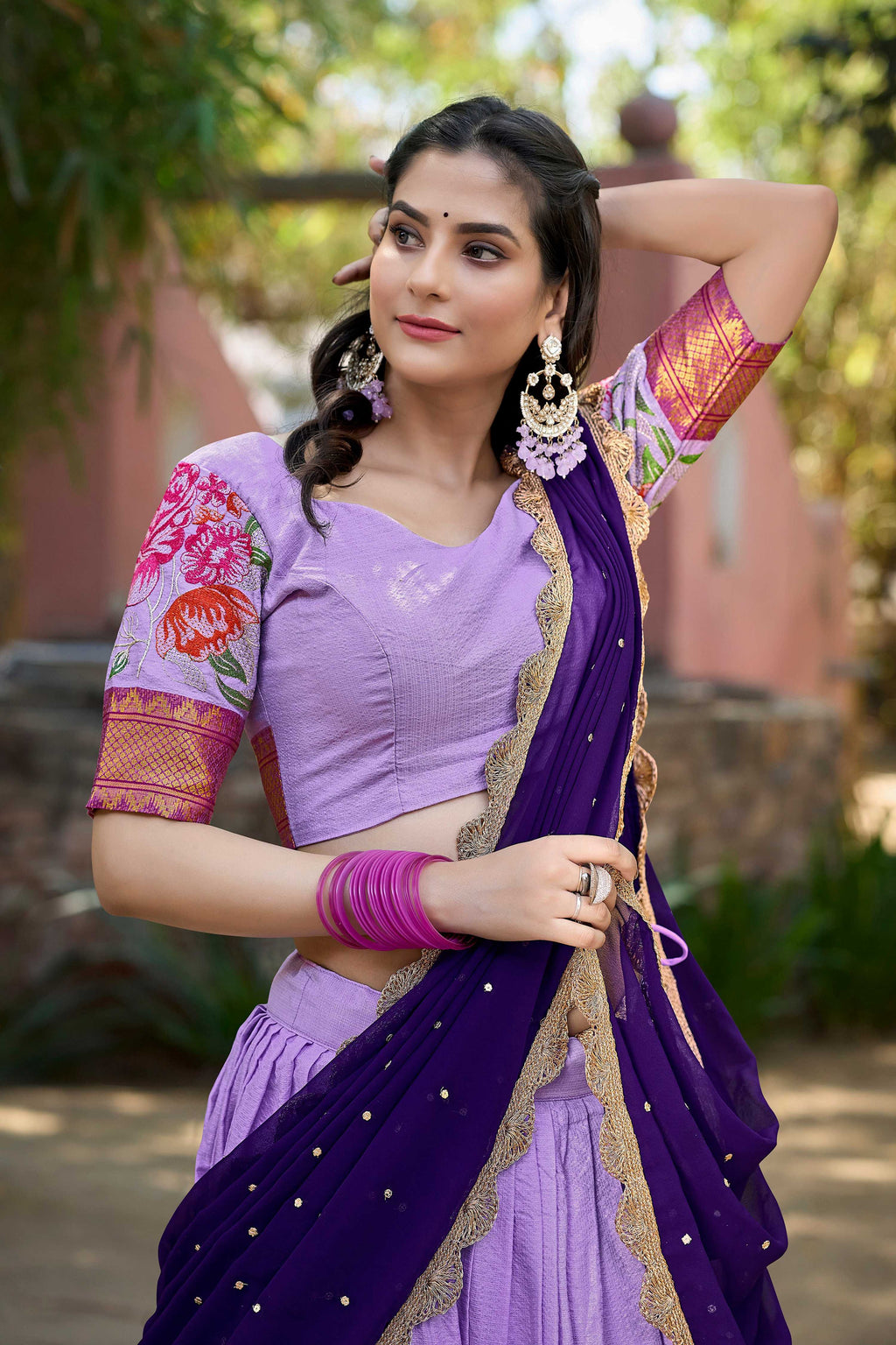 Lavender Cotton Silk Lehenga Choli with Thread Embroidery