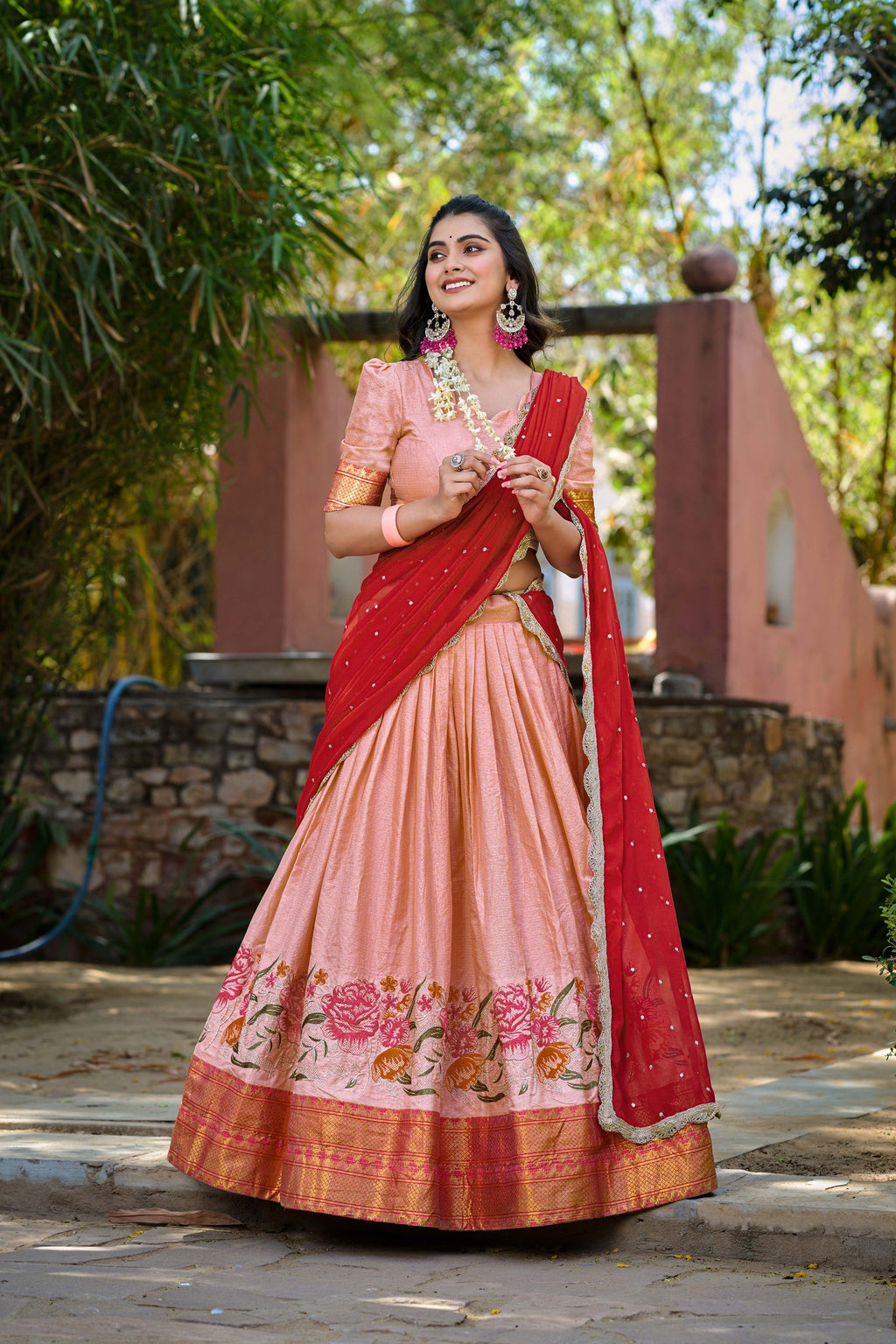 Peach cotton silk lehenga choli with intricate thread embroidery and matching dupatta