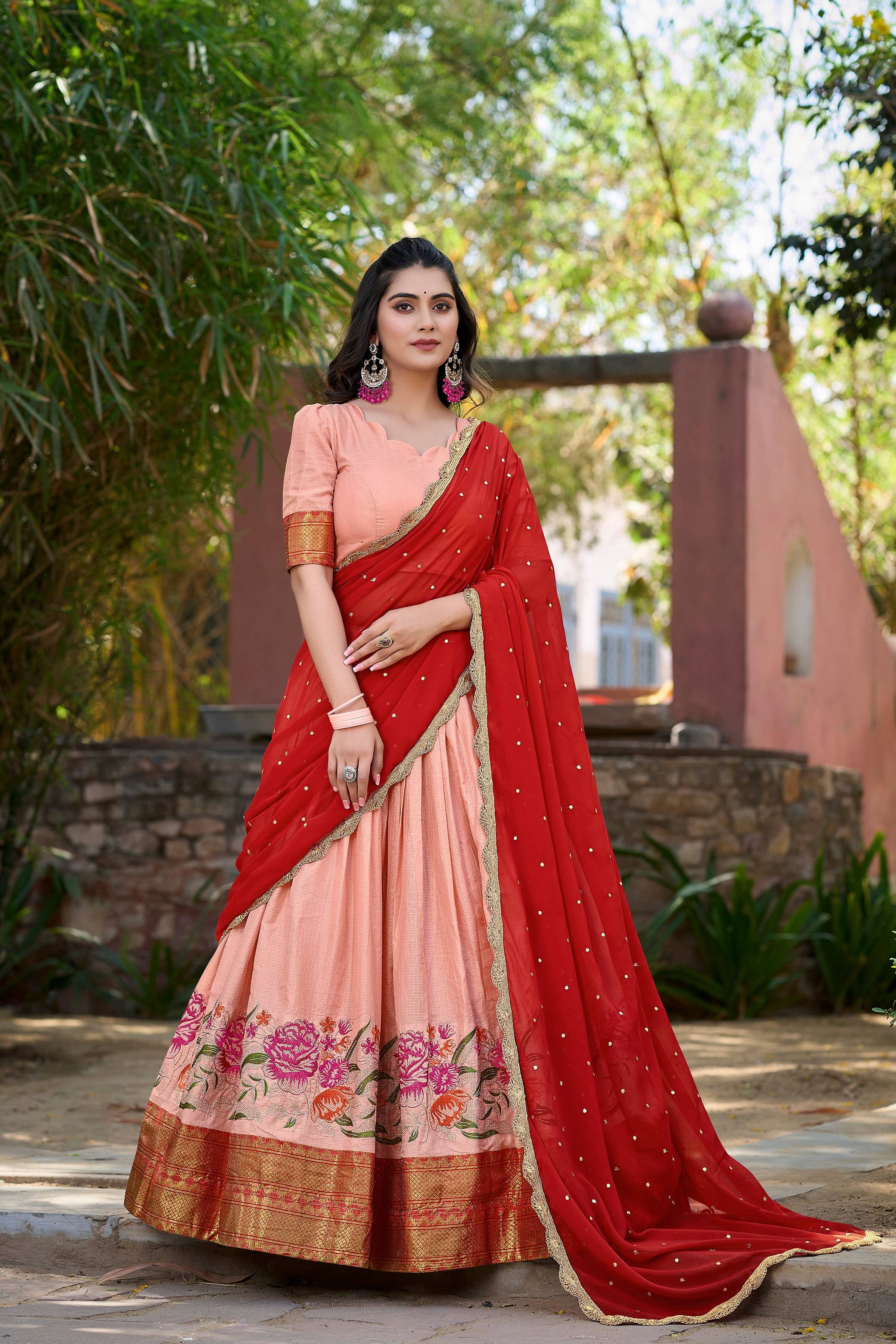 Peach Cotton Silk Lehenga Choli with Intricate Thread Embroidery