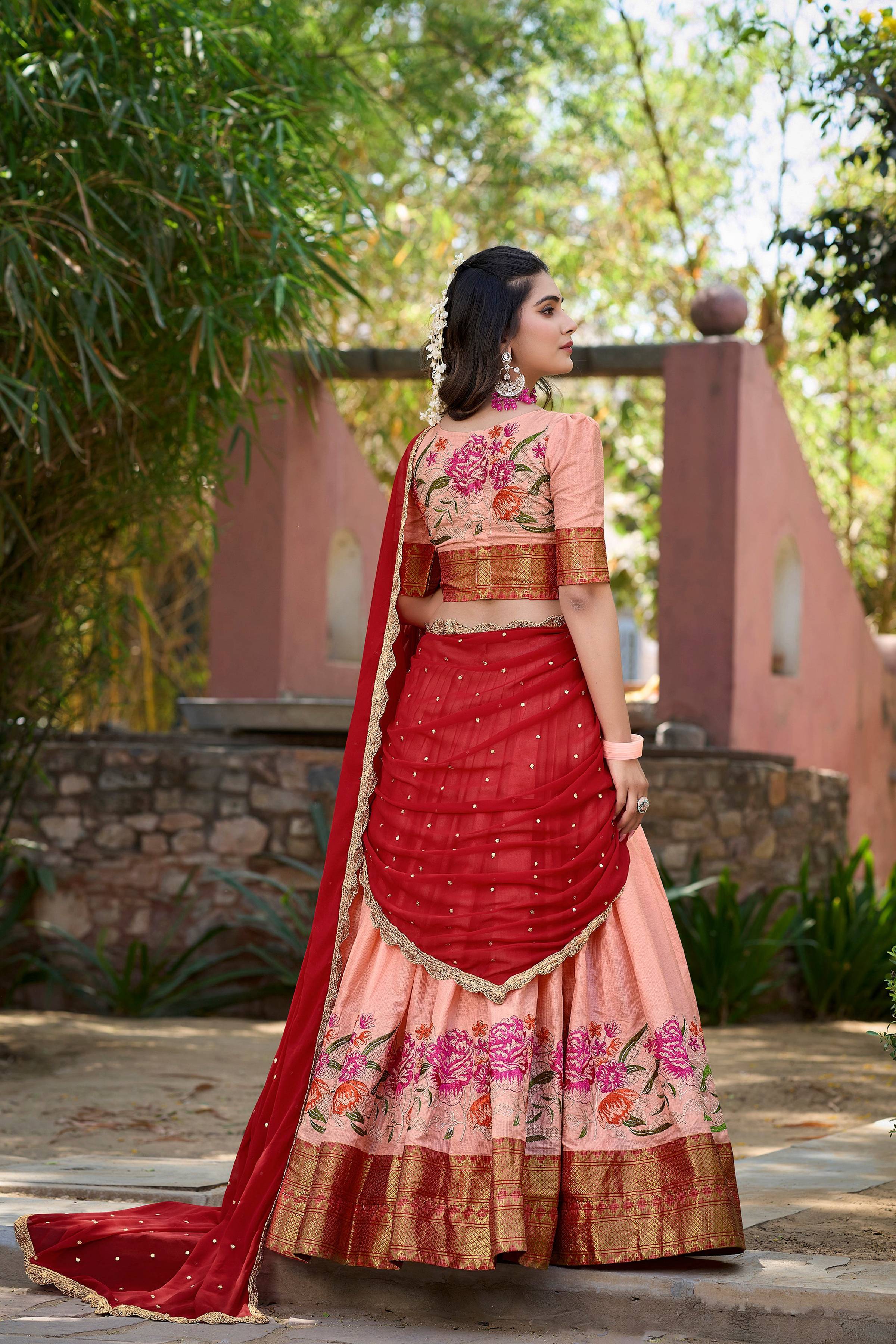 Peach Cotton Silk Lehenga Choli with Intricate Thread Embroidery