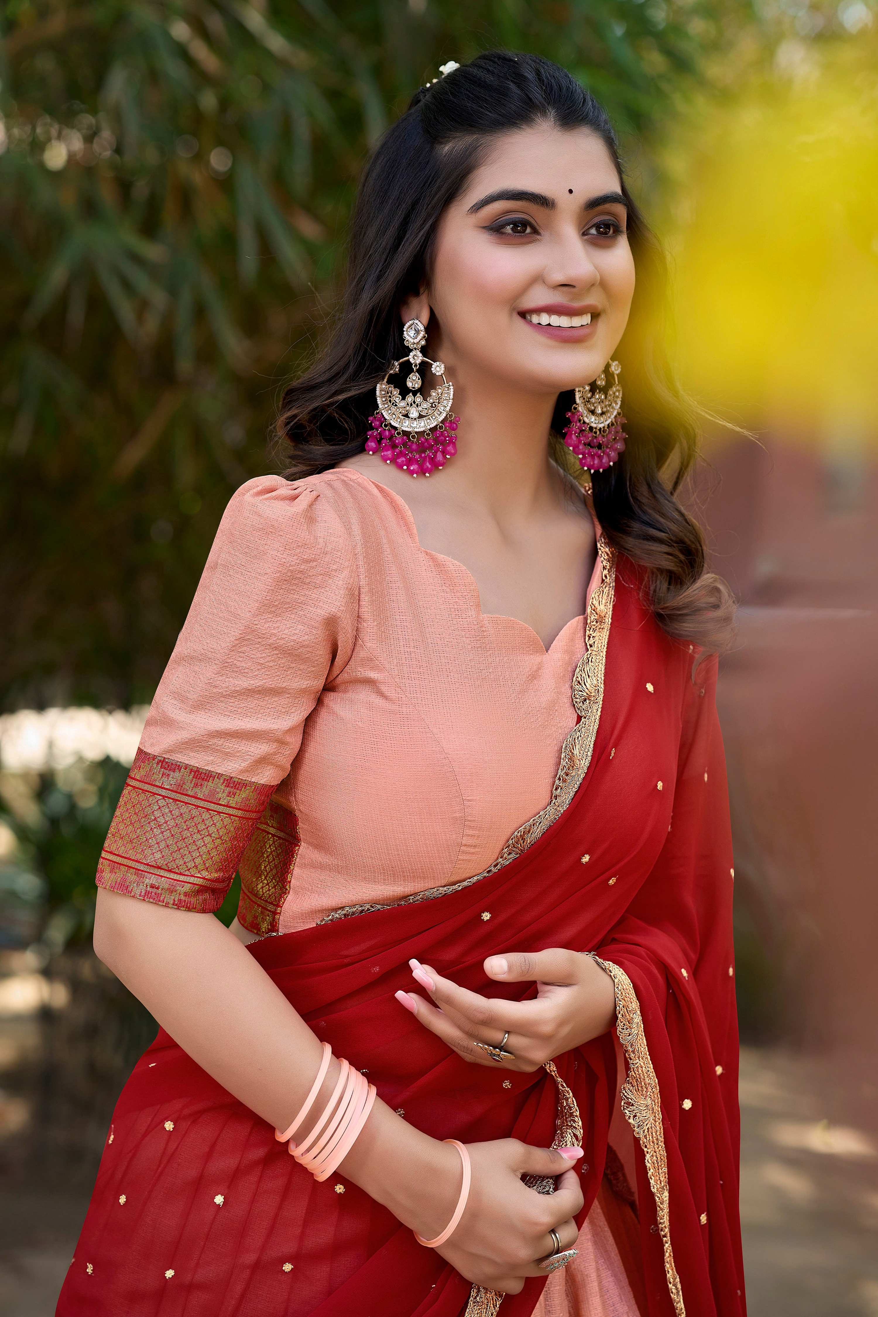 Peach Cotton Silk Lehenga Choli with Intricate Thread Embroidery