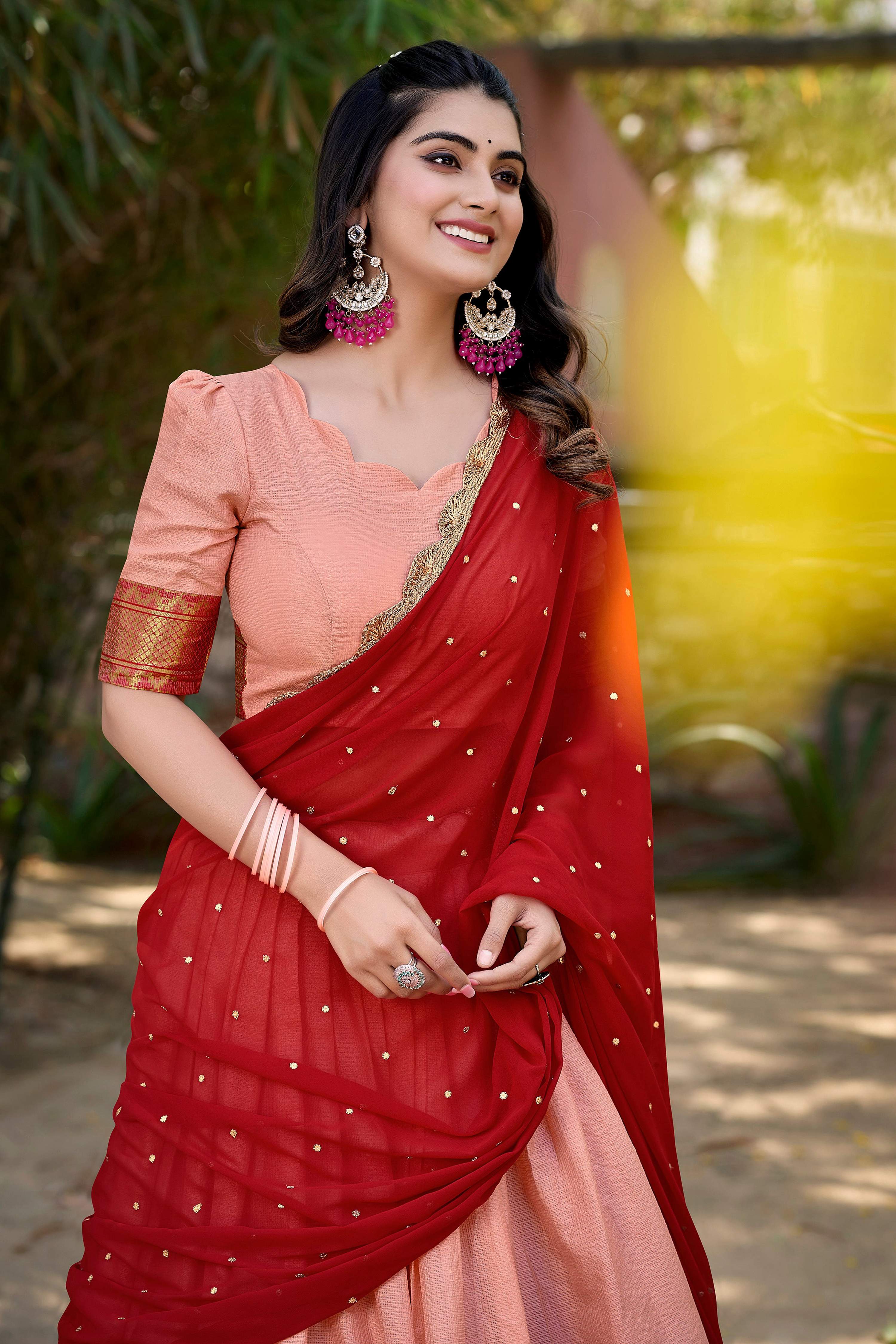 Peach Cotton Silk Lehenga Choli with Intricate Thread Embroidery