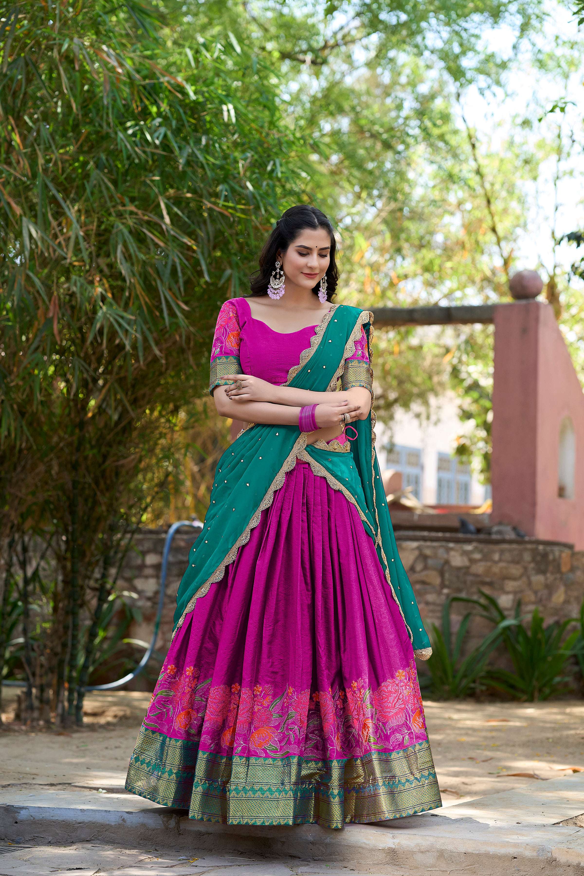 Pink cotton silk lehenga choli with detailed thread embroidery and matching dupatta