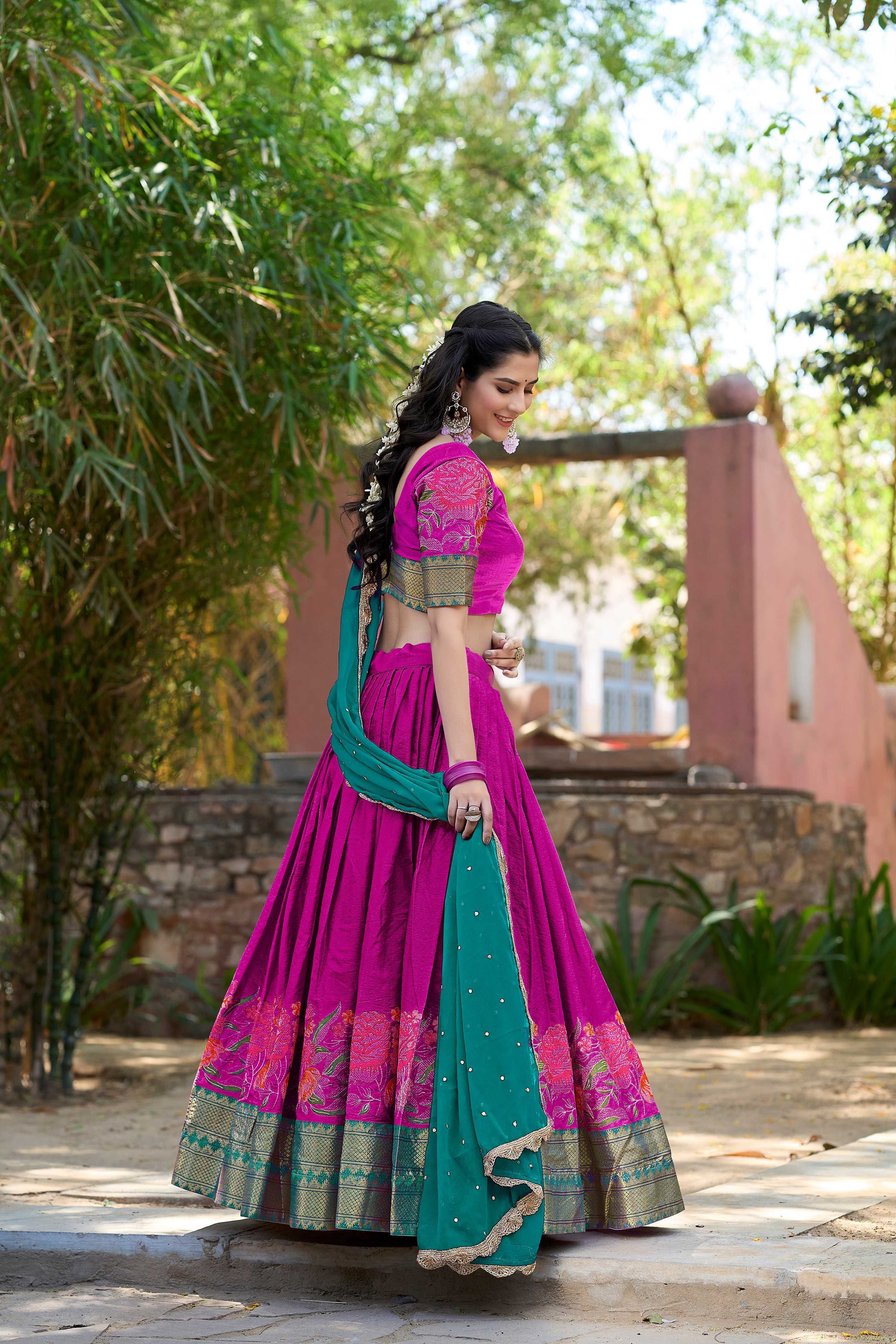 Pink Cotton Silk Lehenga Choli with Intricate Thread Embroidery