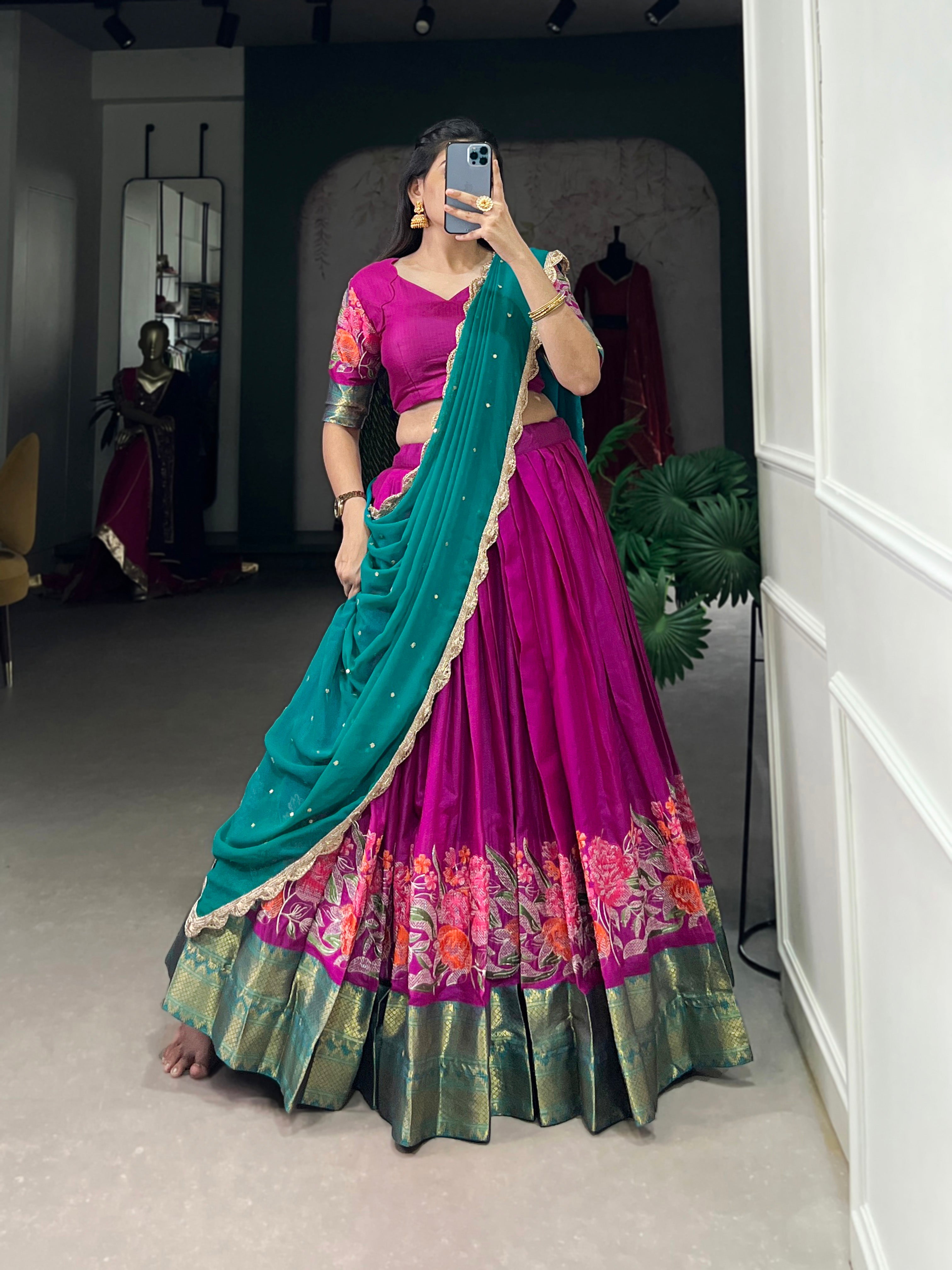 Pink Cotton Silk Lehenga Choli with Intricate Thread Embroidery