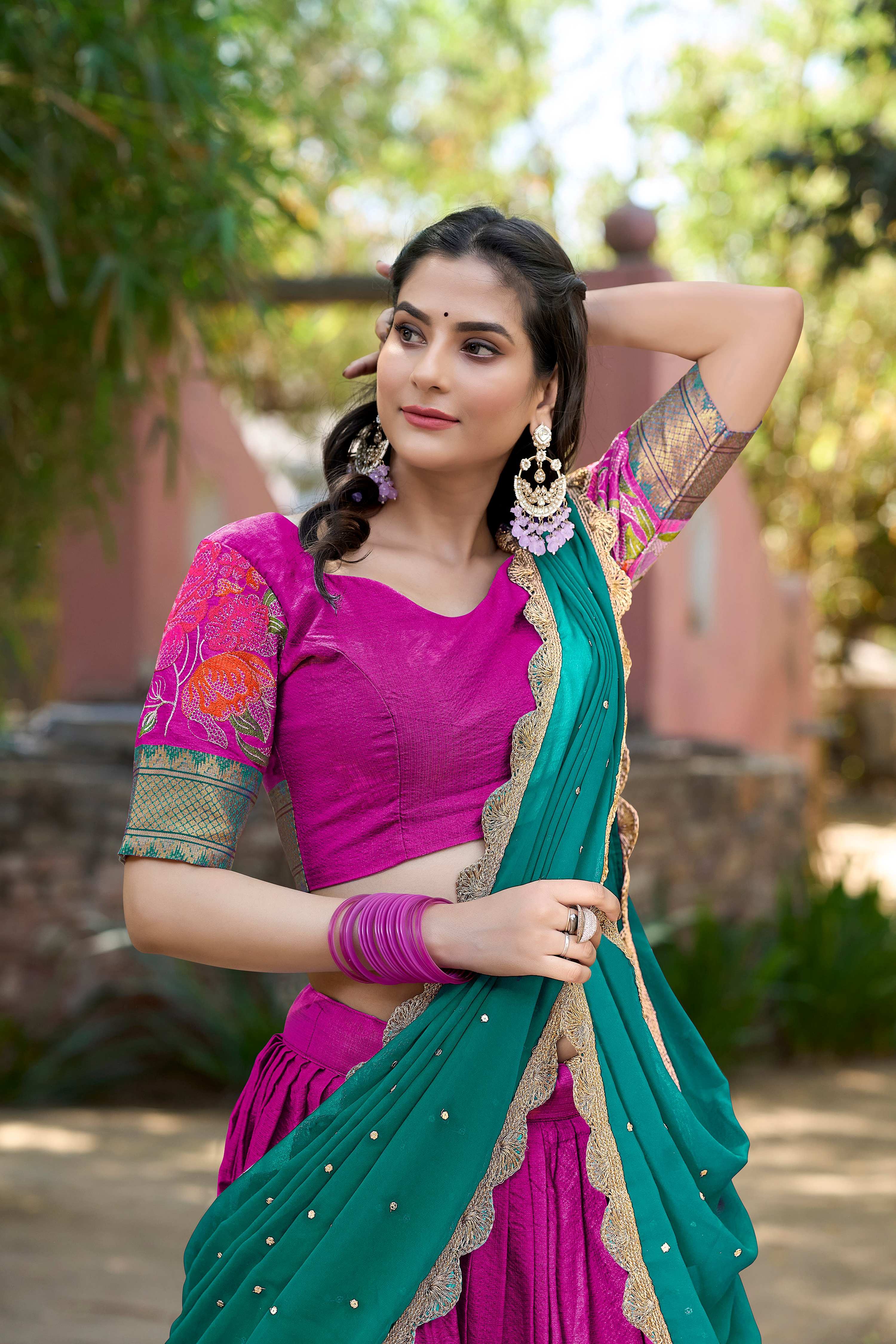 Pink Cotton Silk Lehenga Choli with Intricate Thread Embroidery