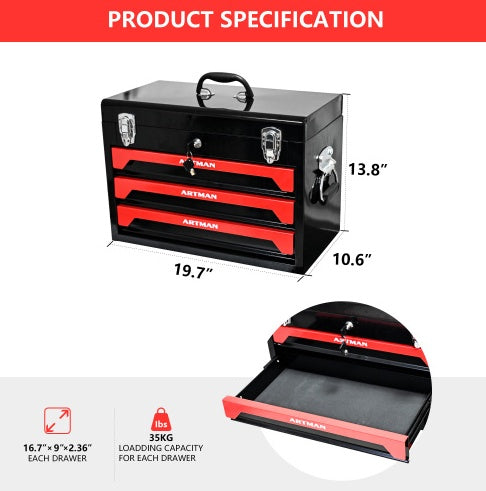 20-Inch Portable 3-Drawer Steel Tool Box with Metal Latch Closure