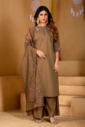 Brown viscose mango silk kurta with multi-colored embroidery and palazzo pants