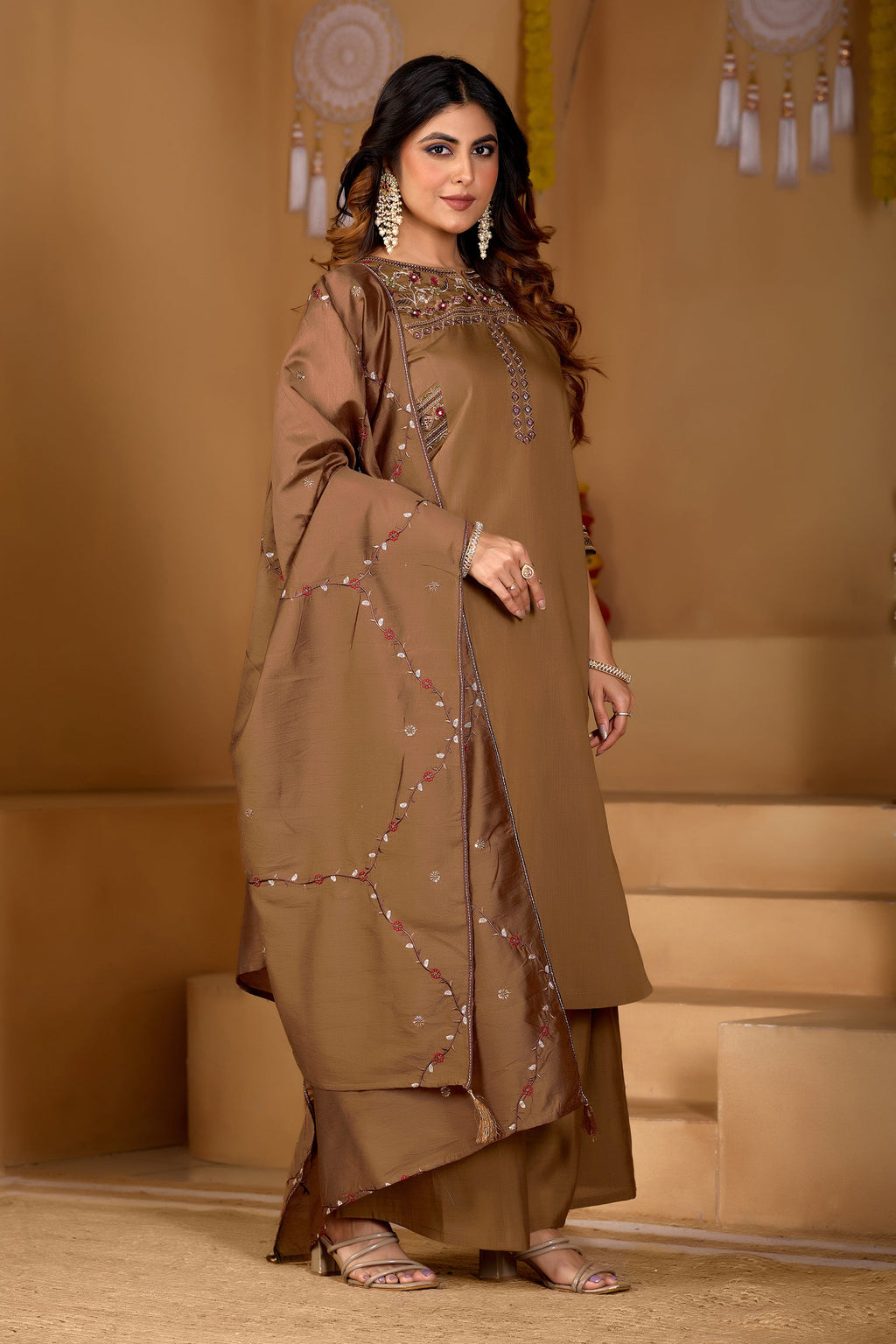 Brown Viscose Mango Silk Embroidered Kurta Palazzo Set