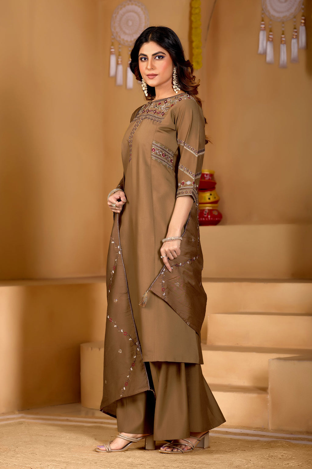 Brown Viscose Mango Silk Embroidered Kurta Palazzo Set