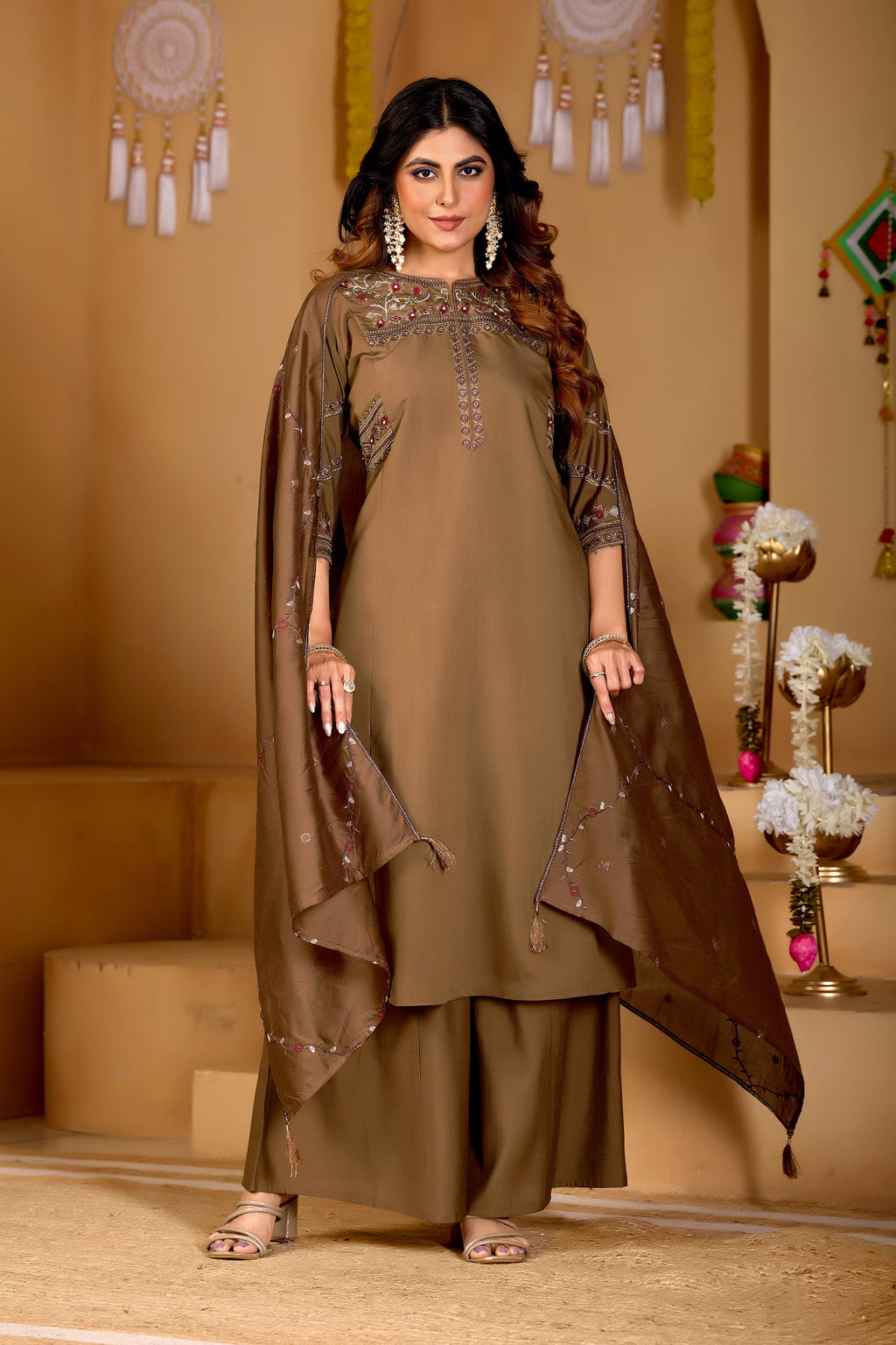 Brown Viscose Mango Silk Embroidered Kurta Palazzo Set
