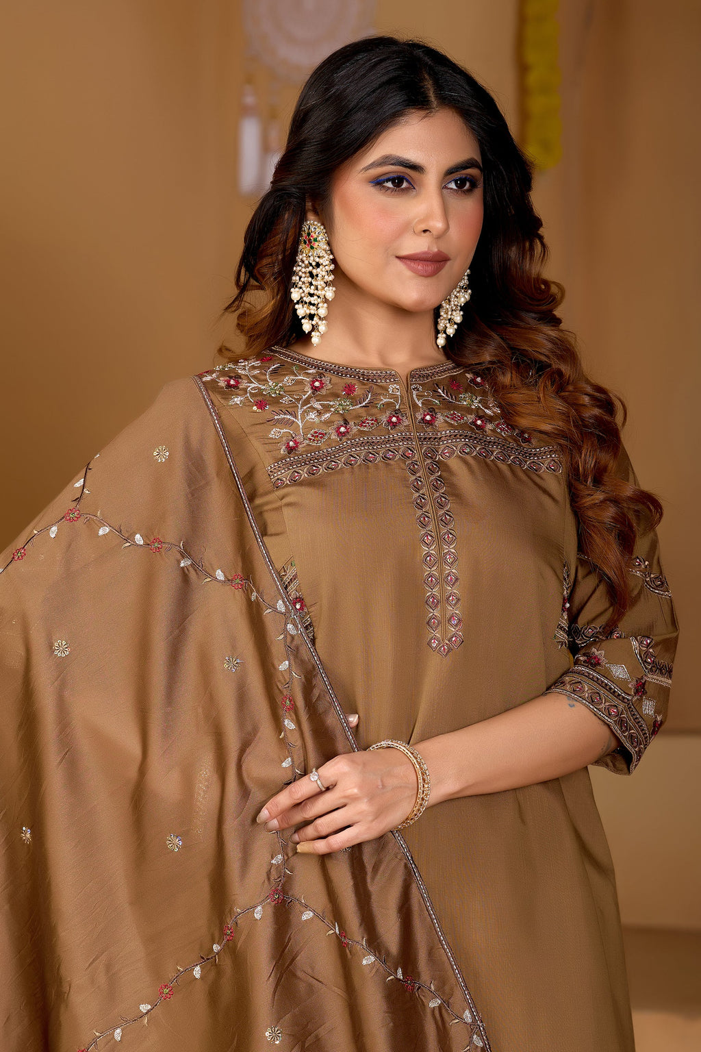 Brown Viscose Mango Silk Embroidered Kurta Palazzo Set
