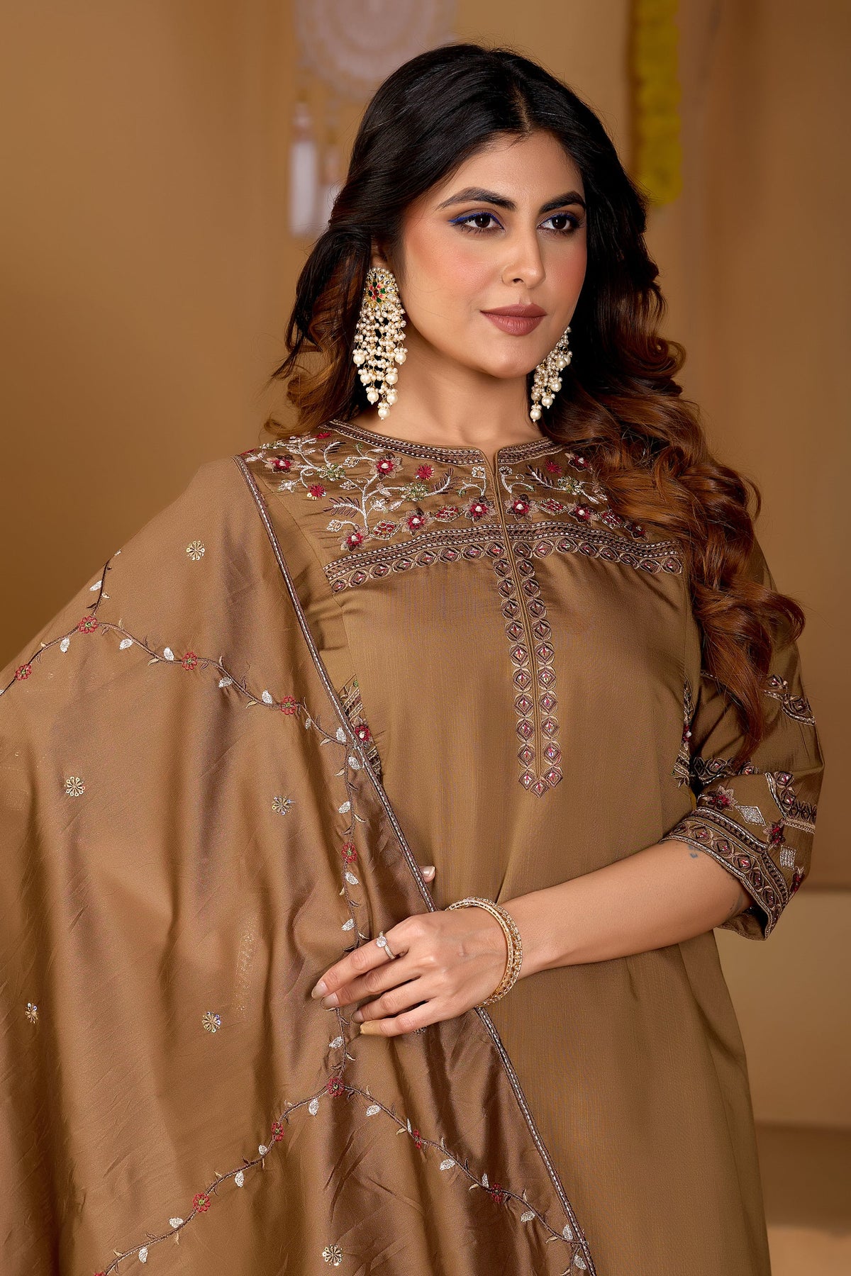 Brown Viscose Mango Silk Embroidered Kurta Palazzo Set