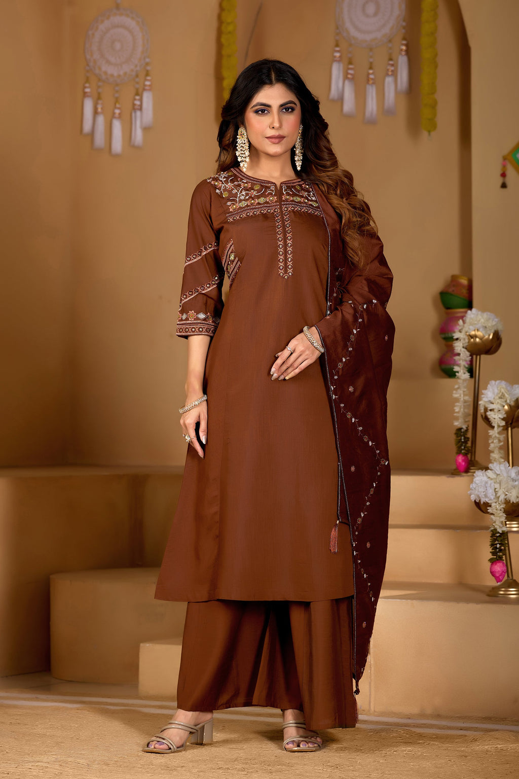 Coffee brown viscose mango silk kurta with multi-colored thread hand-work and matching palazzo pants
