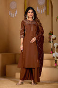 Coffee brown viscose mango silk kurta with multi-colored thread hand-work and matching palazzo pants