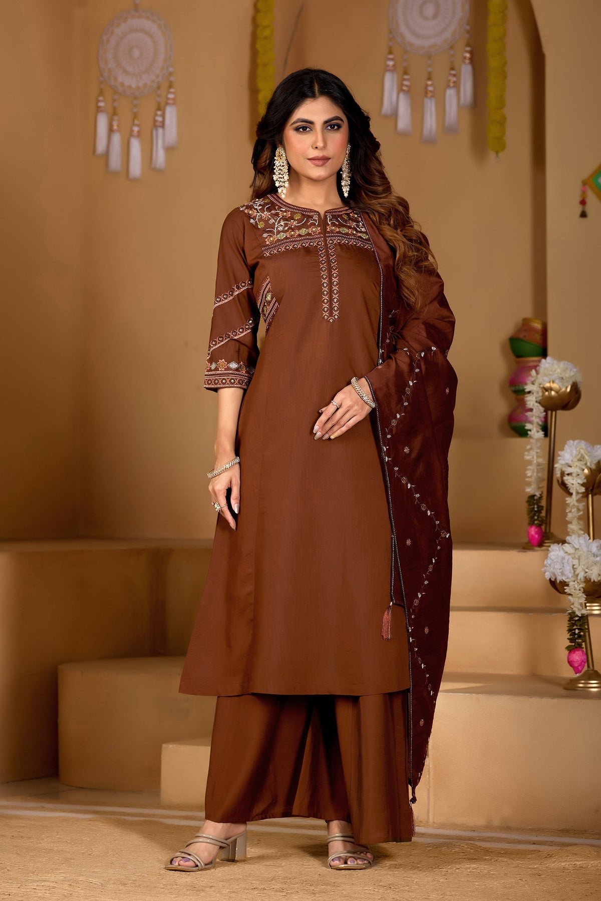 Coffee brown viscose mango silk kurta with multi-colored thread hand-work and matching palazzo pants