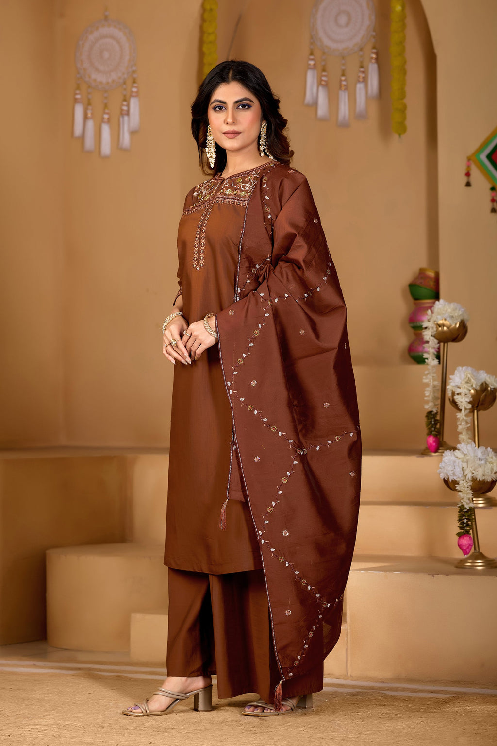 Coffee Brown Viscose Mango Silk Embroidered Kurta Palazzo Set