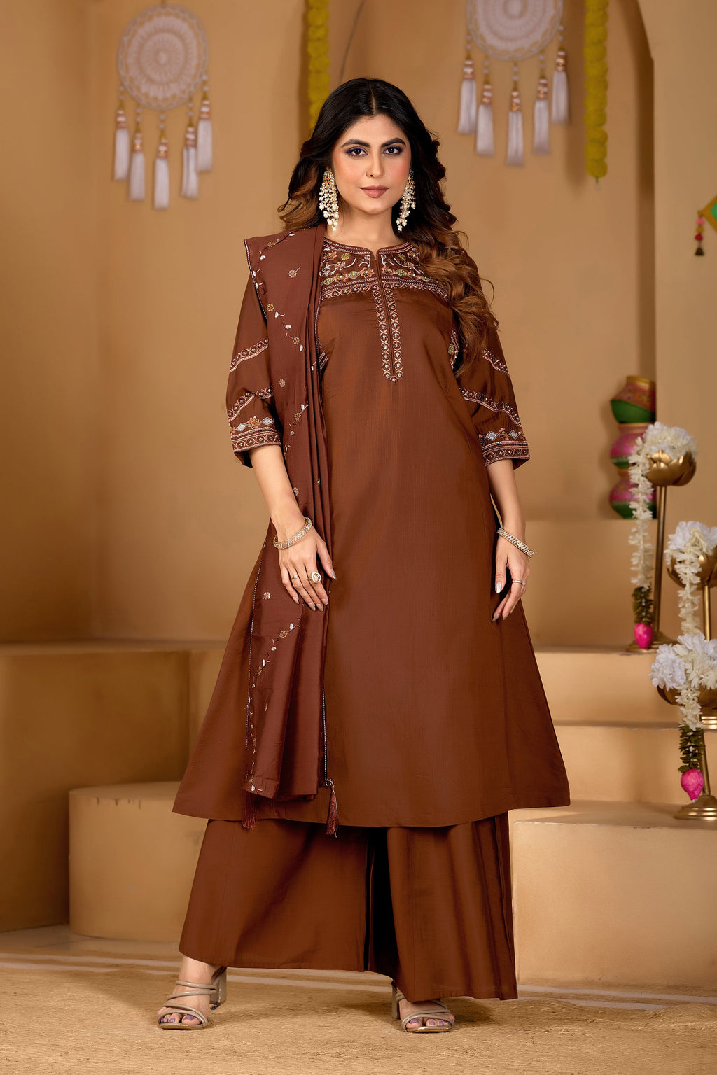 Coffee Brown Viscose Mango Silk Embroidered Kurta Palazzo Set