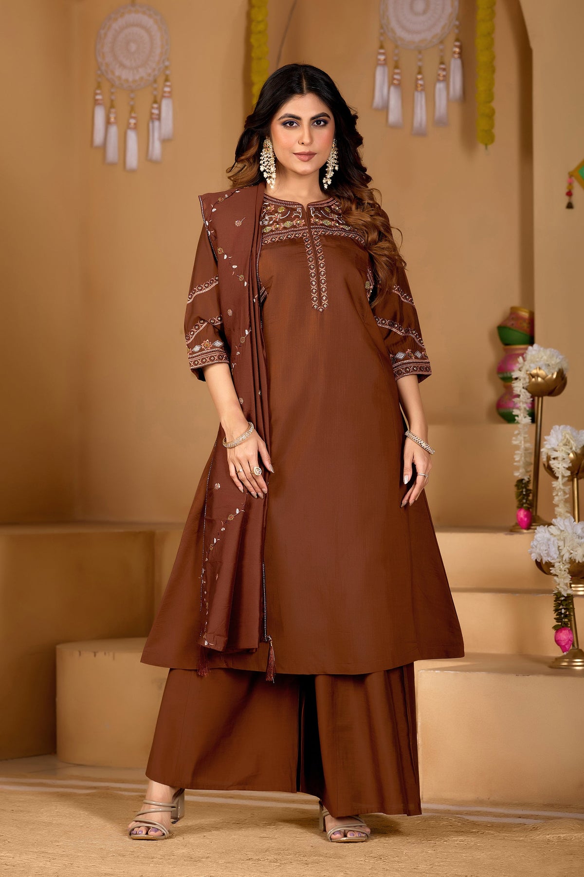 Coffee Brown Viscose Mango Silk Embroidered Kurta Palazzo Set