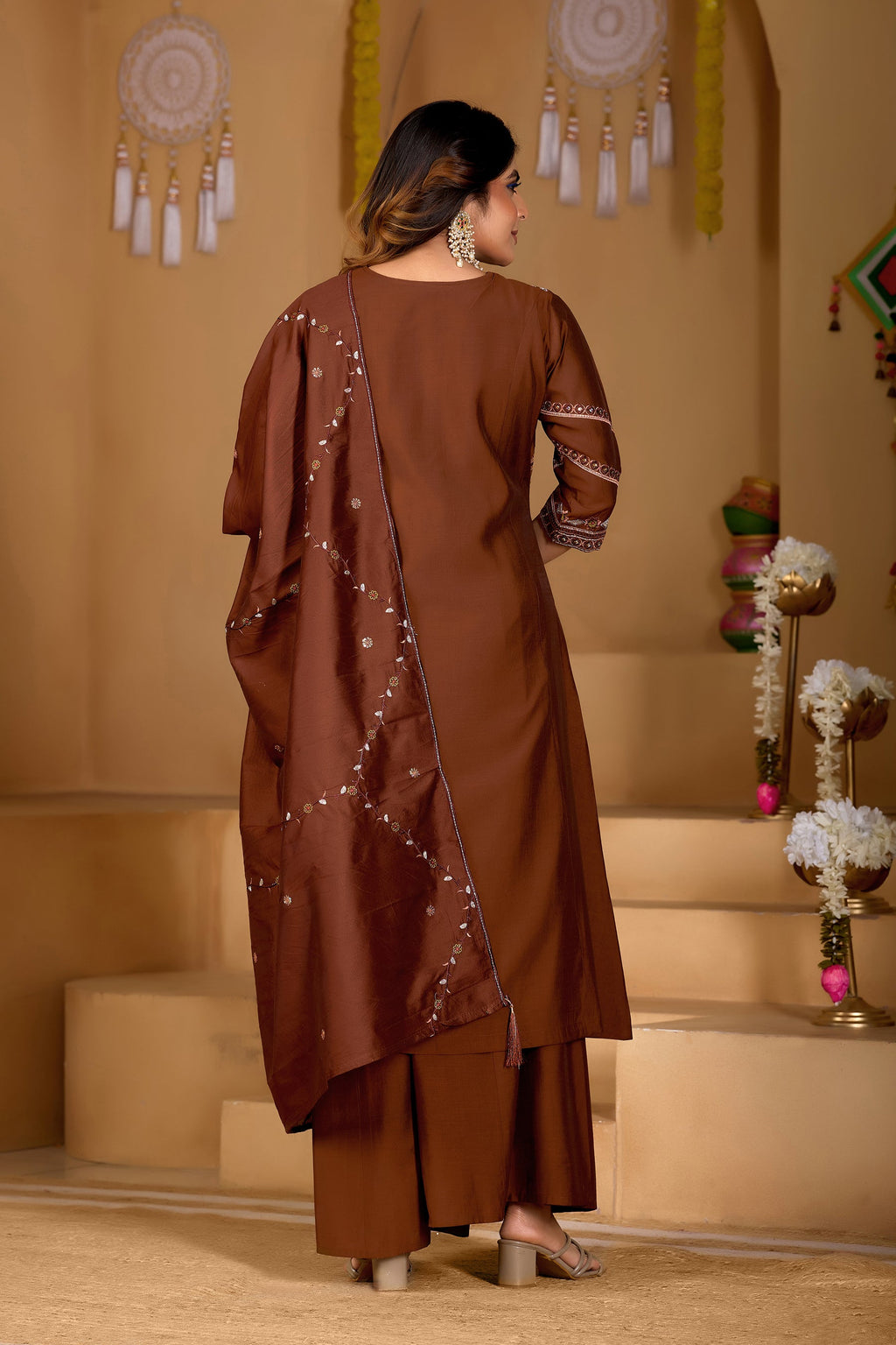 Coffee Brown Viscose Mango Silk Embroidered Kurta Palazzo Set