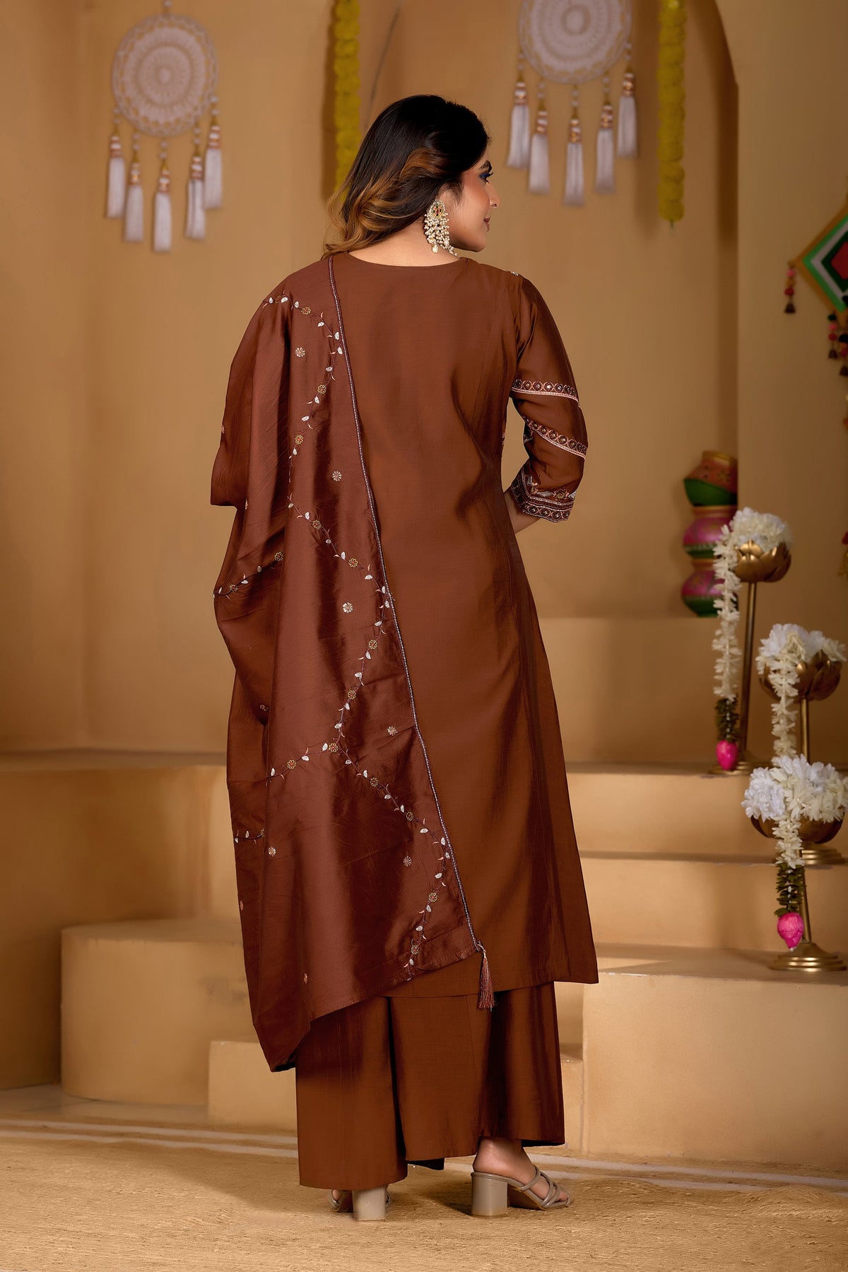 Coffee Brown Viscose Mango Silk Embroidered Kurta Palazzo Set
