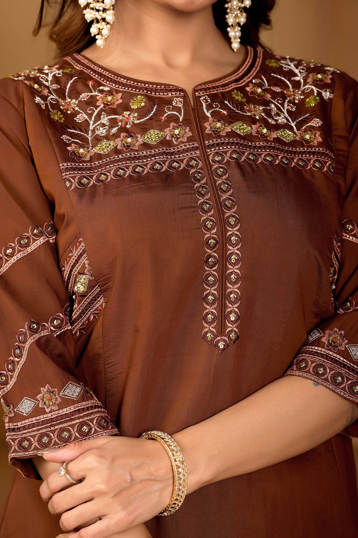 Coffee Brown Viscose Mango Silk Embroidered Kurta Palazzo Set