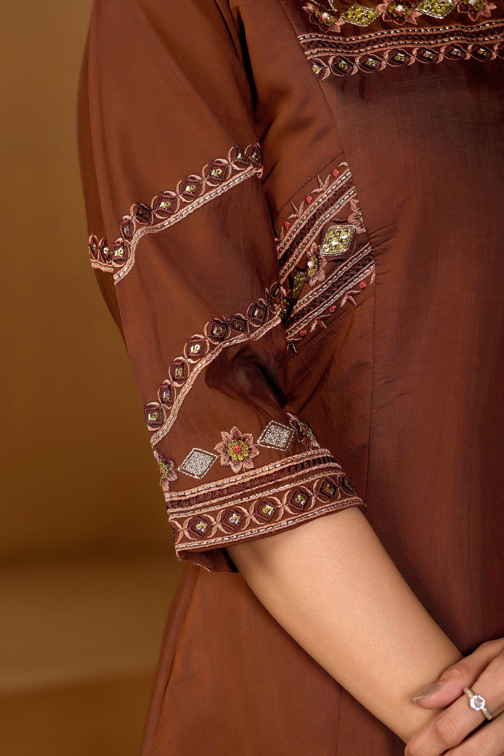 Coffee Brown Viscose Mango Silk Embroidered Kurta Palazzo Set