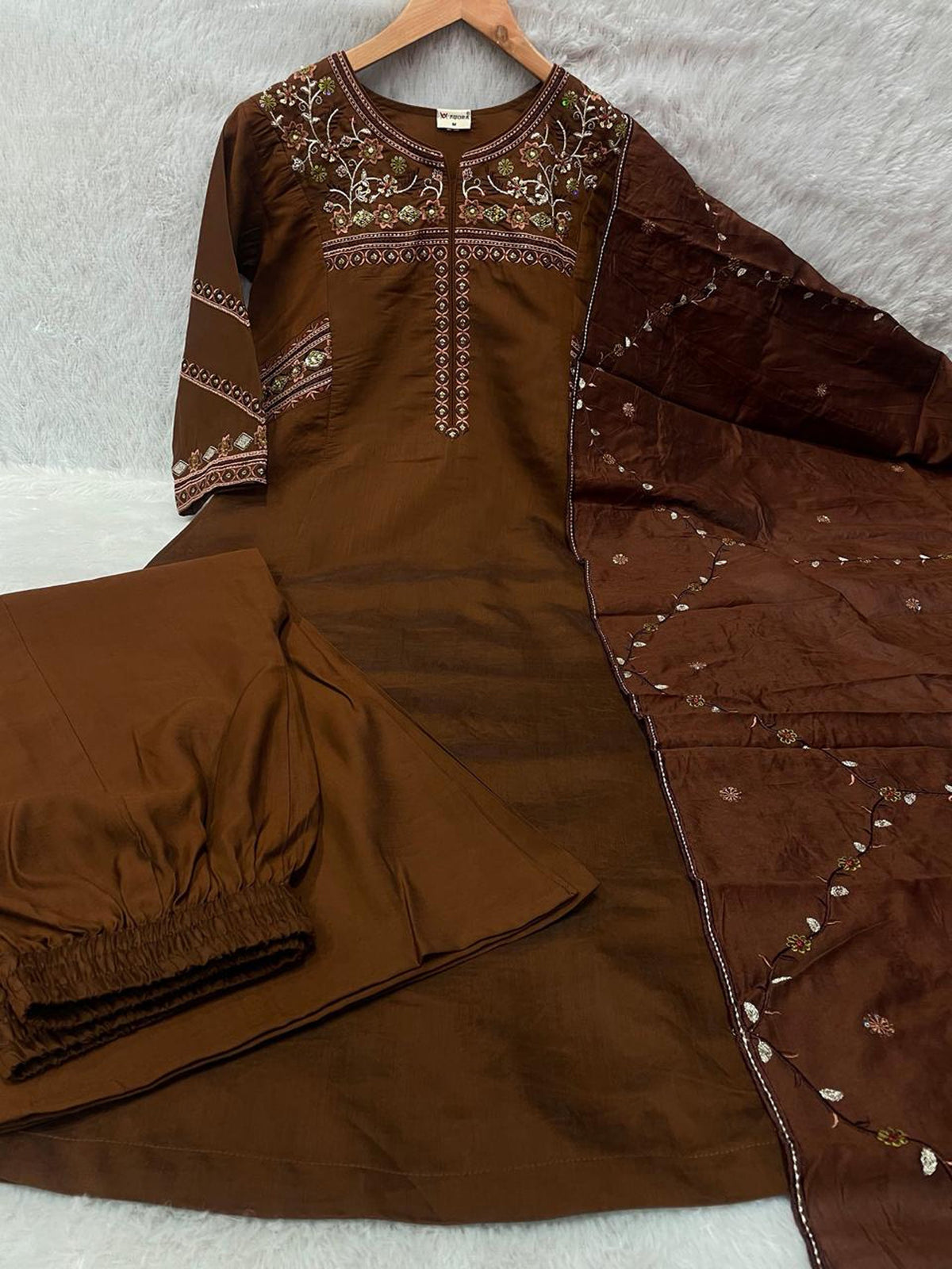 Coffee Brown Viscose Mango Silk Embroidered Kurta Palazzo Set