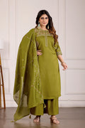 Mehendi green Viscose Mango Silk kurta with multi-colored hand embroidery and matching palazzo