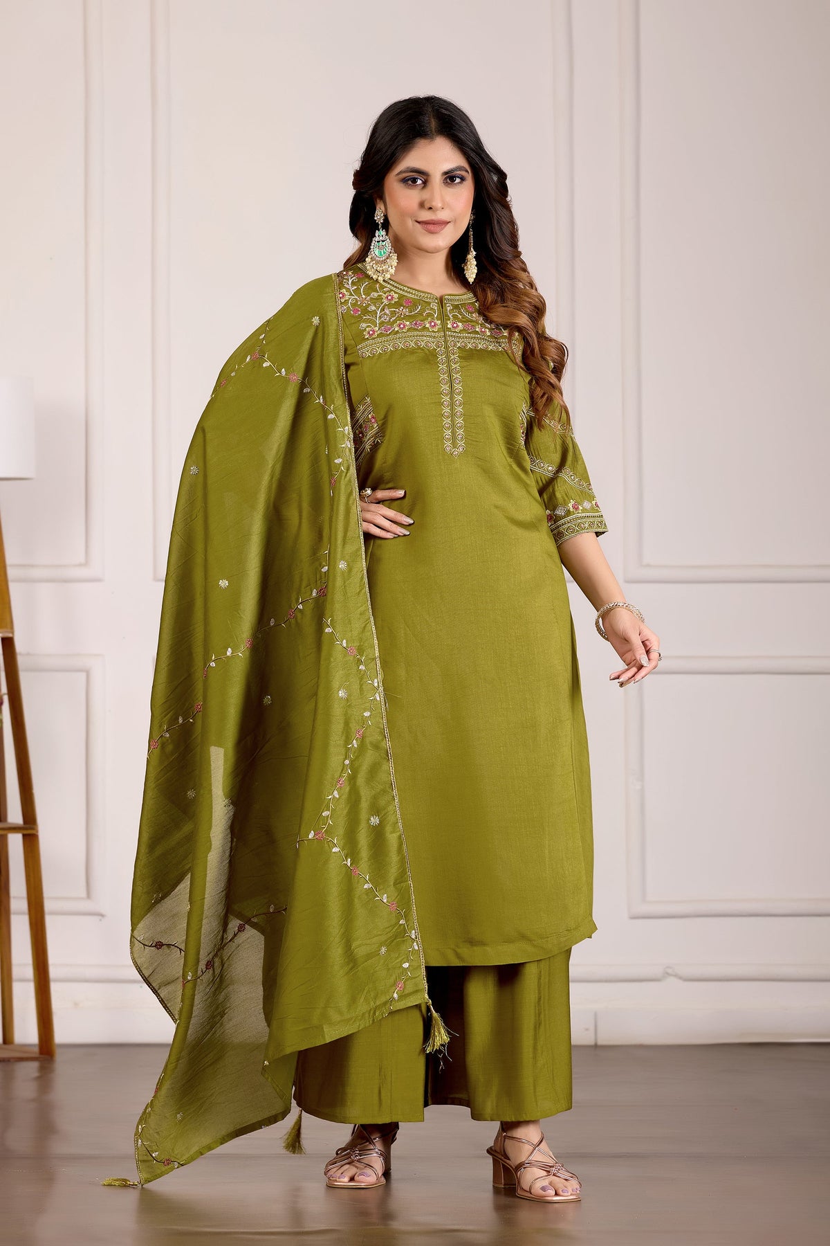 Mehendi green Viscose Mango Silk kurta with multi-colored hand embroidery and matching palazzo