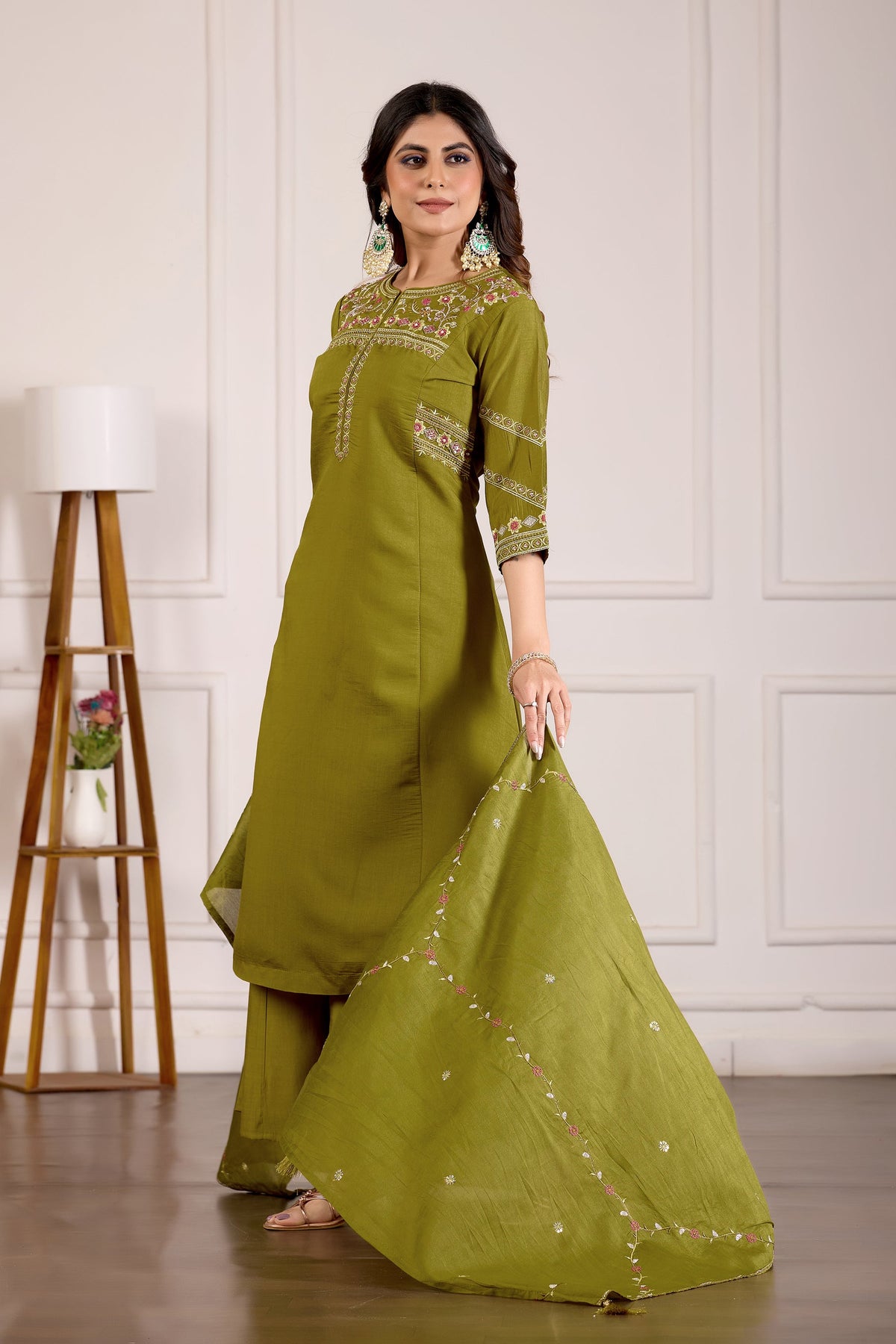 Mehendi Viscose Mango Silk Kurta Palazzo Set with Hand Embroidery