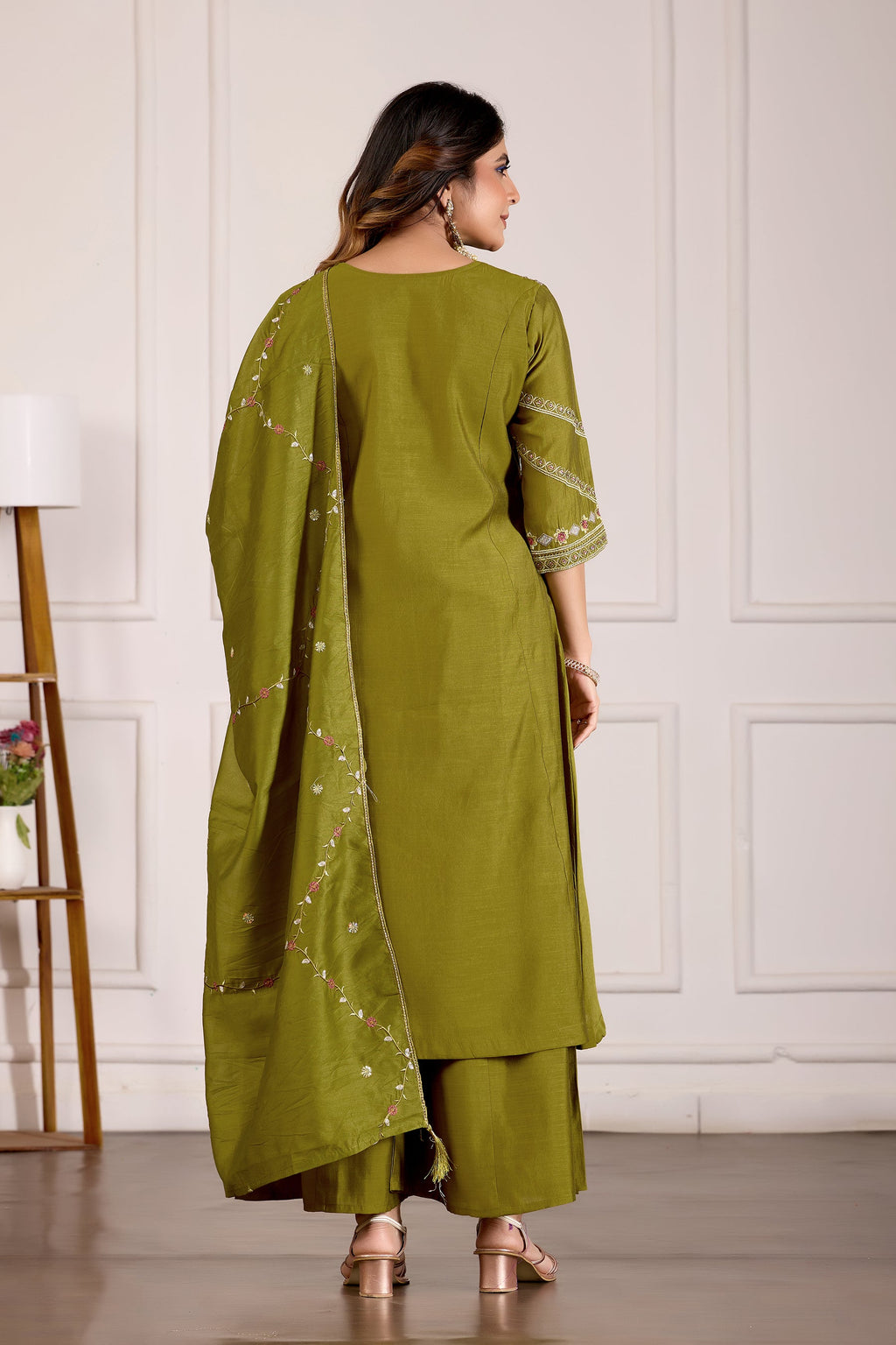 Mehendi Viscose Mango Silk Kurta Palazzo Set with Hand Embroidery