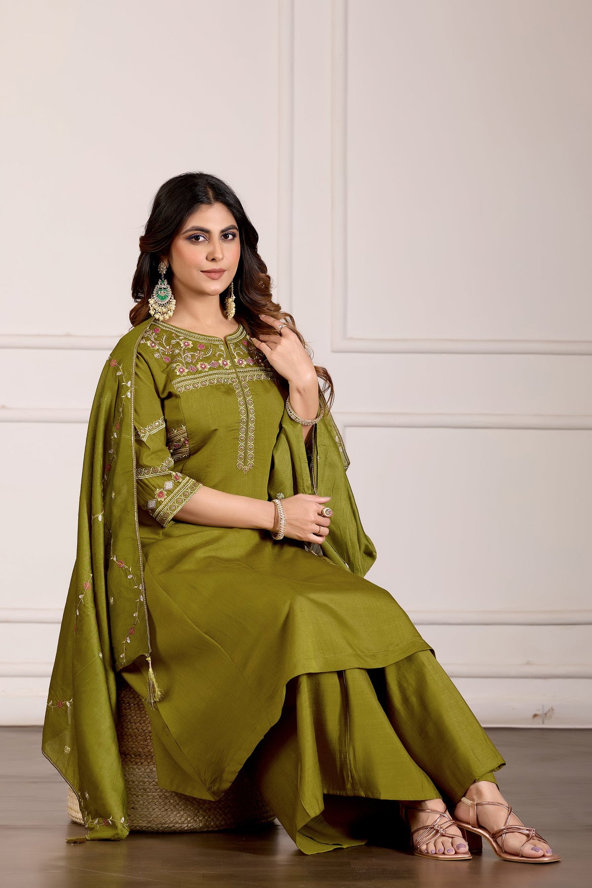 Mehendi Viscose Mango Silk Kurta Palazzo Set with Hand Embroidery