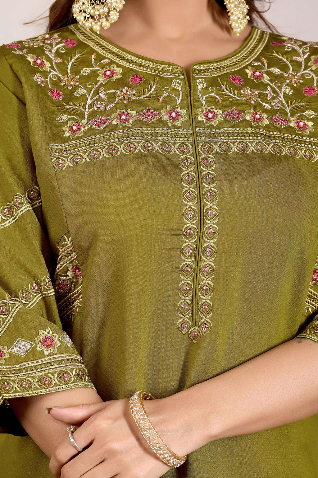 Mehendi Viscose Mango Silk Kurta Palazzo Set with Hand Embroidery