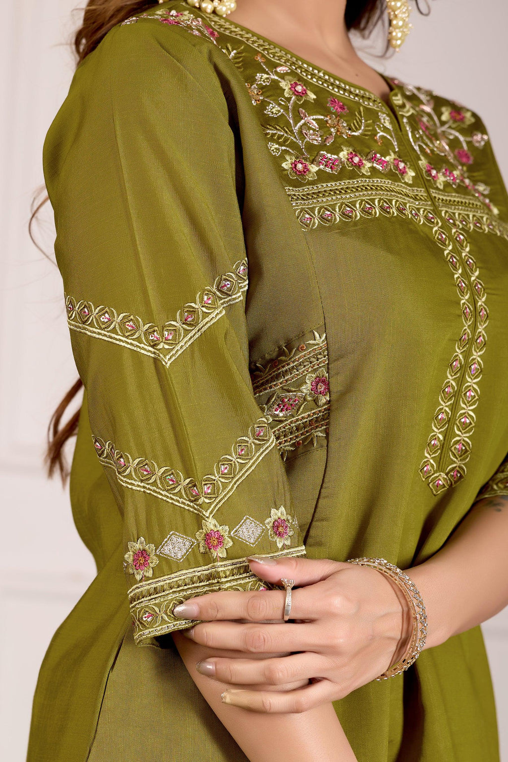 Mehendi Viscose Mango Silk Kurta Palazzo Set with Hand Embroidery