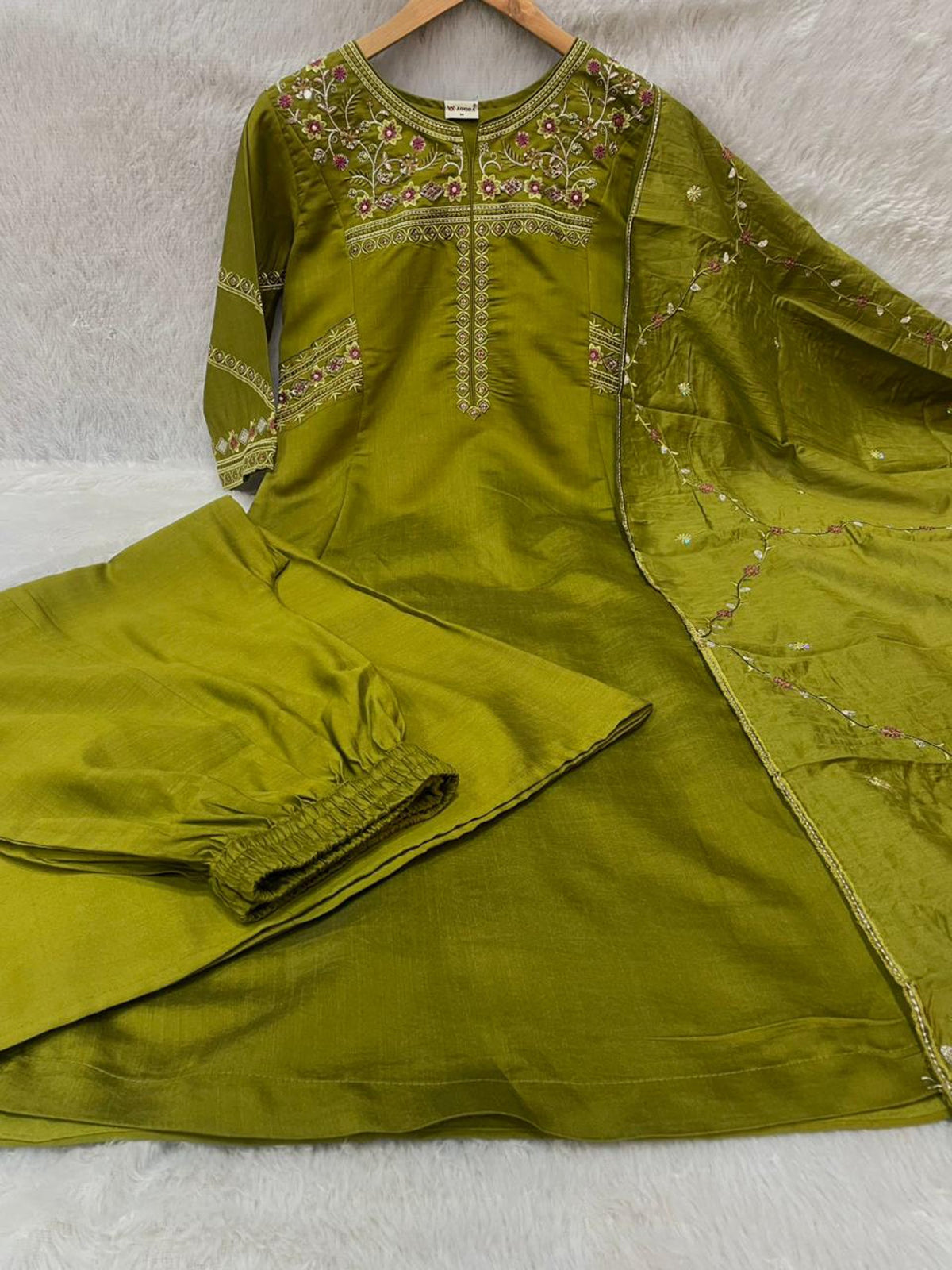 Mehendi Viscose Mango Silk Kurta Palazzo Set with Hand Embroidery