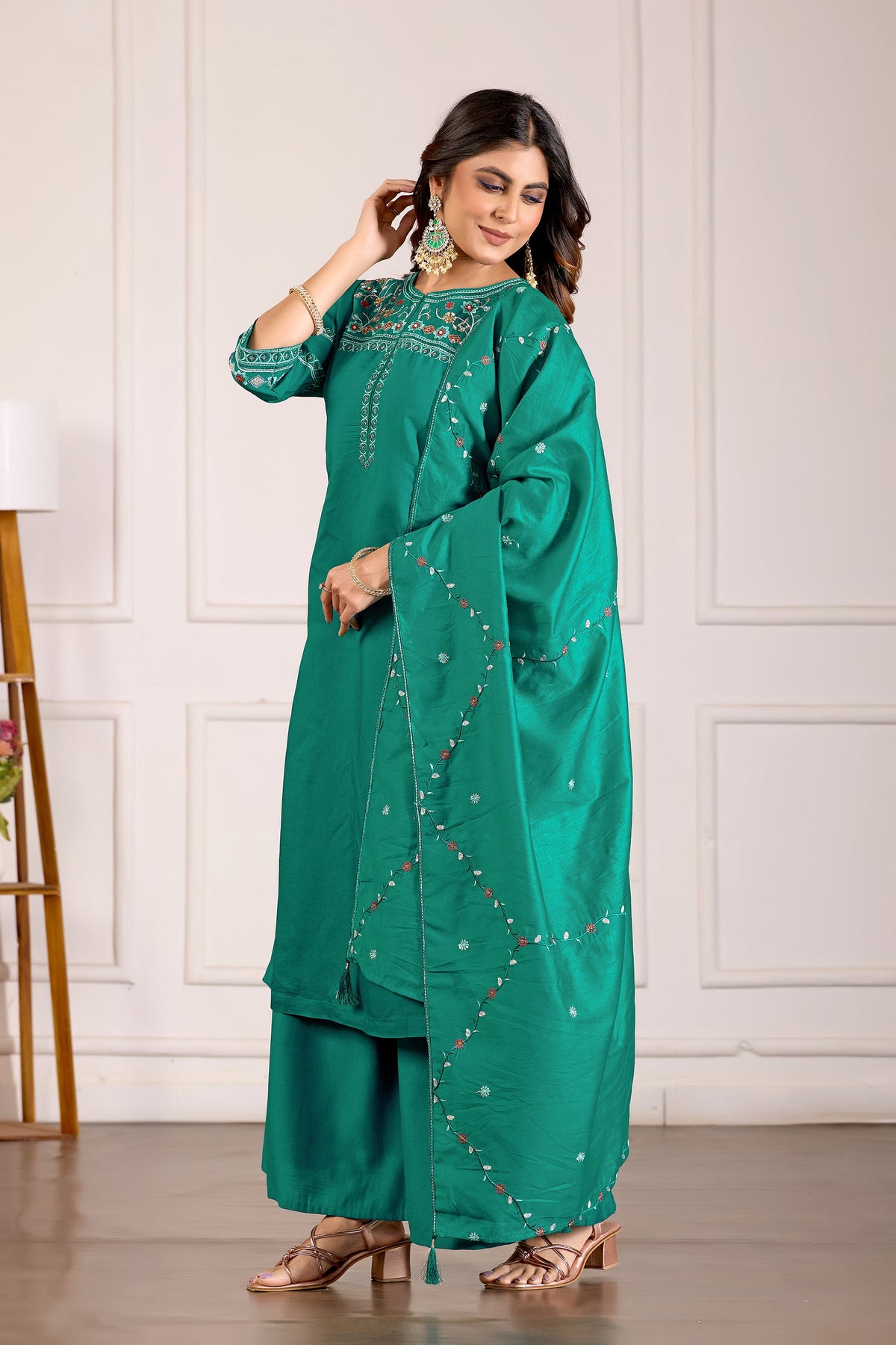 Teal Viscose Mango Silk Kurta Palazzo Set with Multi Embroidery