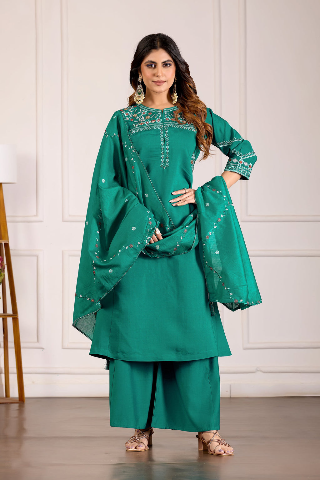 Teal Viscose Mango Silk Kurta Palazzo Set with Multi Embroidery