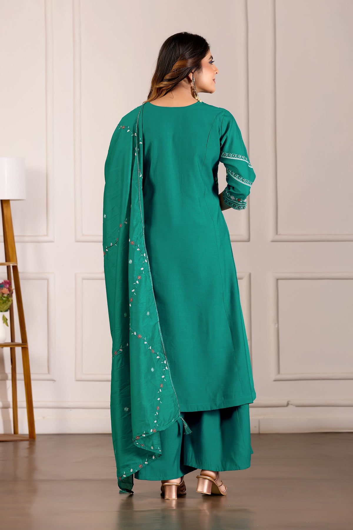 Teal Viscose Mango Silk Kurta Palazzo Set with Multi Embroidery